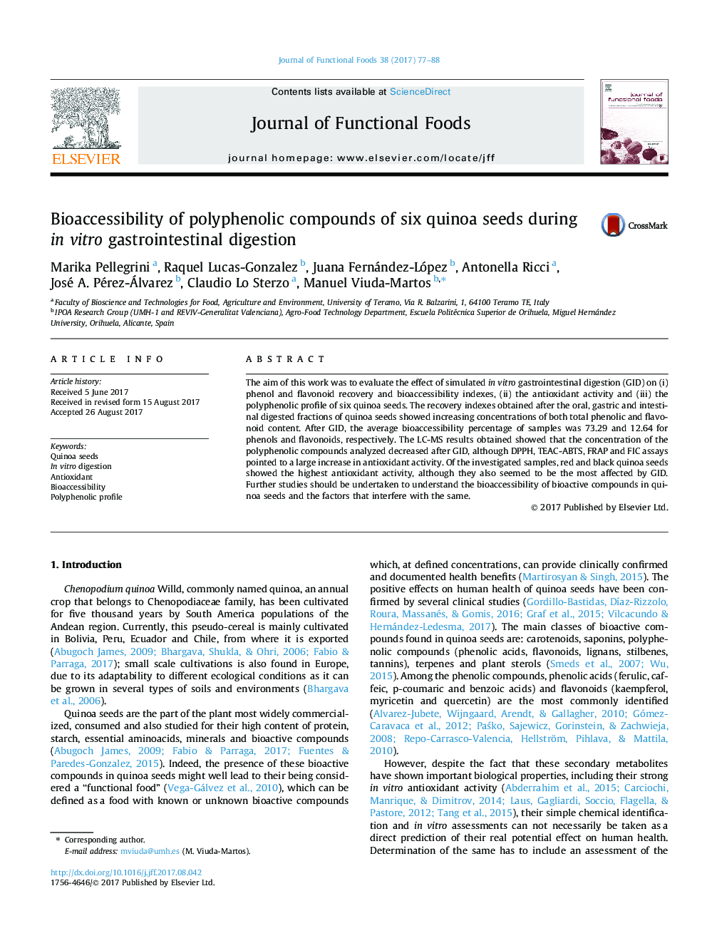 Bioaccessibility of polyphenolic compounds of six quinoa seeds during in vitro gastrointestinal digestion