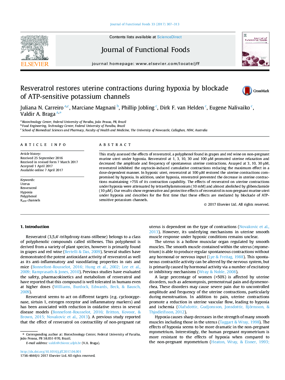 Resveratrol restores uterine contractions during hypoxia by blockade of ATP-sensitive potassium channels