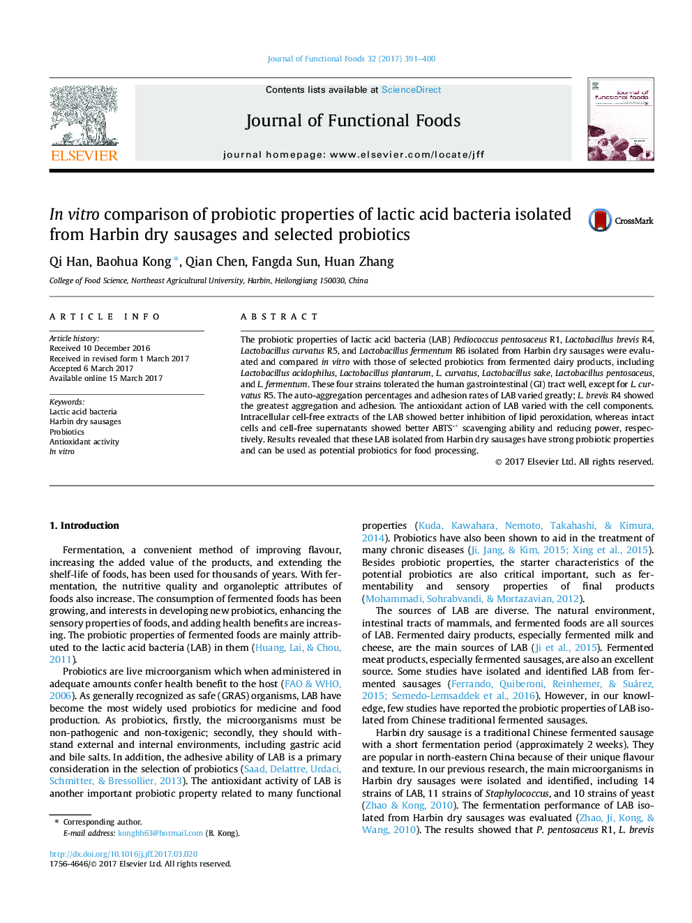 In vitro comparison of probiotic properties of lactic acid bacteria isolated from Harbin dry sausages and selected probiotics