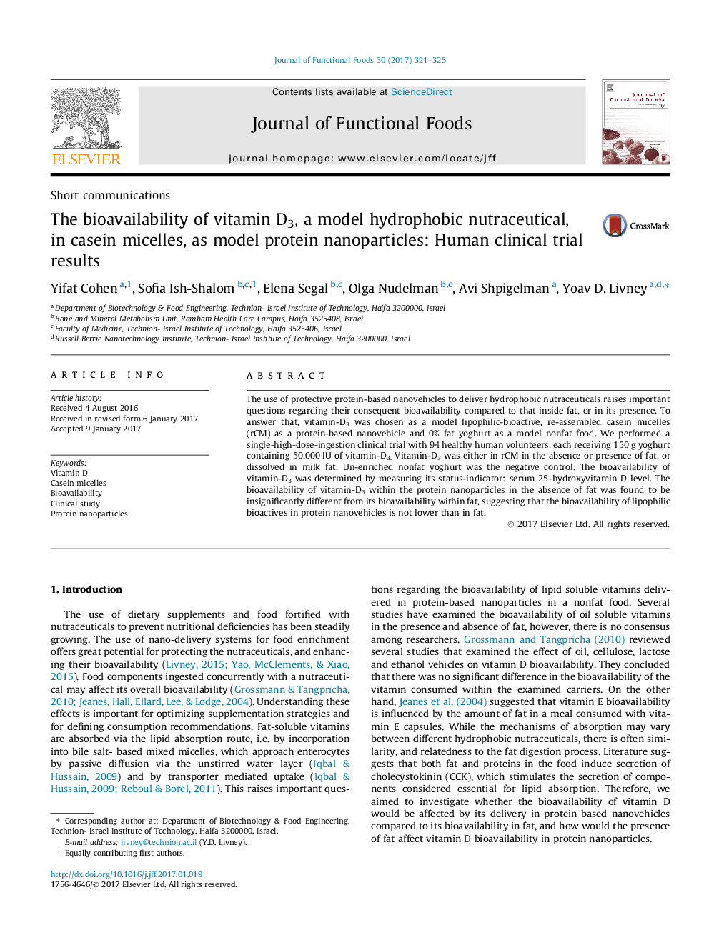 The bioavailability of vitamin D3, a model hydrophobic nutraceutical, in casein micelles, as model protein nanoparticles: Human clinical trial results