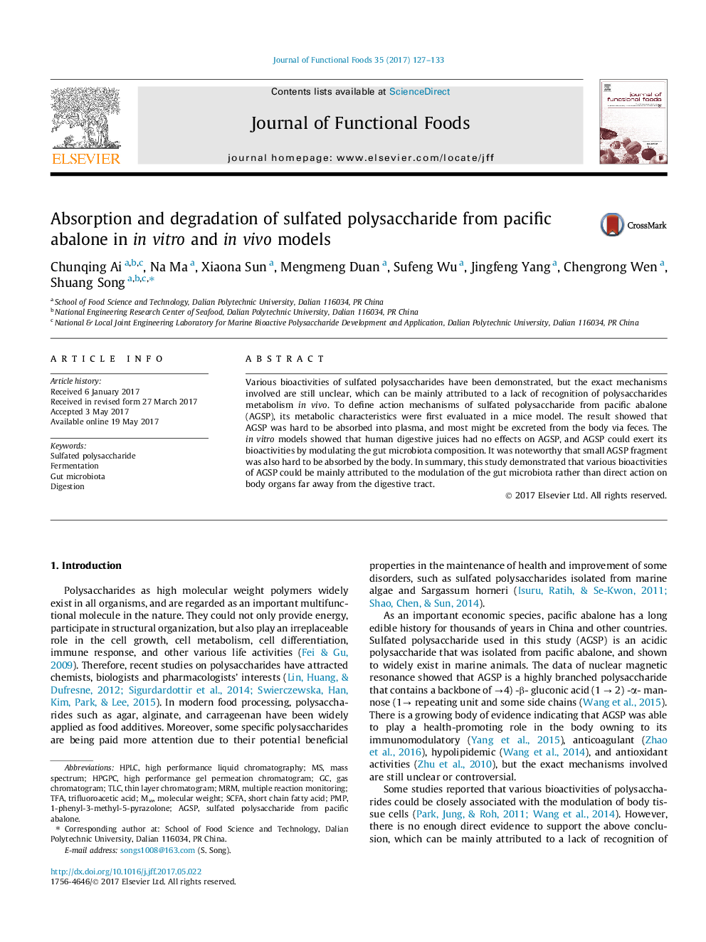 Absorption and degradation of sulfated polysaccharide from pacific abalone in in vitro and in vivo models