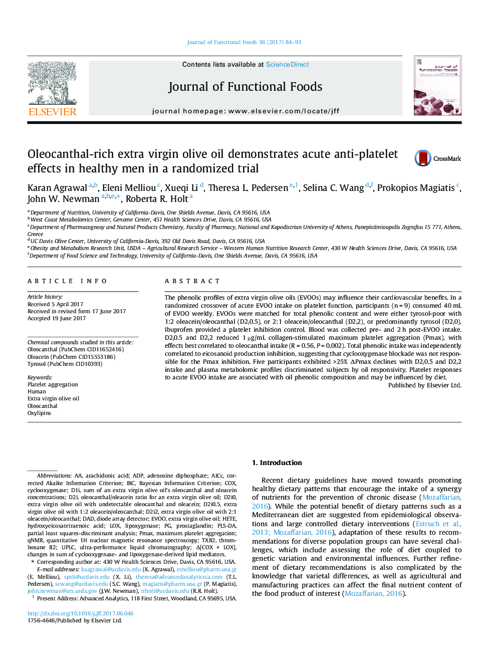 Oleocanthal-rich extra virgin olive oil demonstrates acute anti-platelet effects in healthy men in a randomized trial