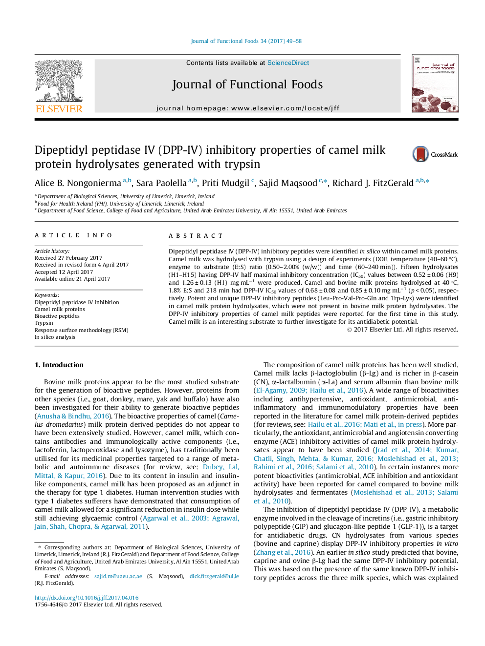 Dipeptidyl peptidase IV (DPP-IV) inhibitory properties of camel milk protein hydrolysates generated with trypsin