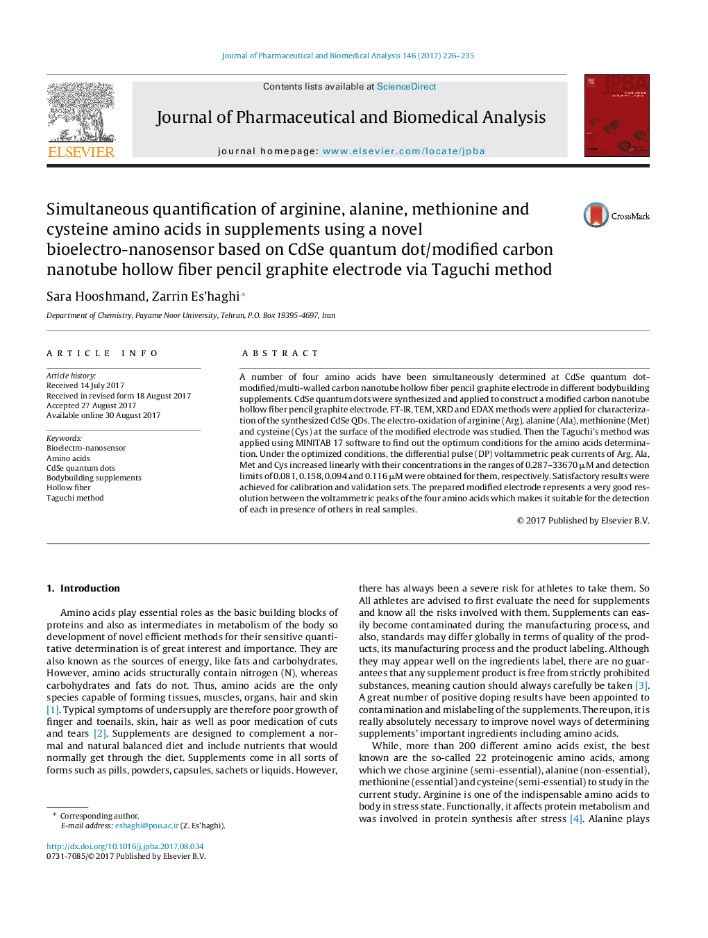 Simultaneous quantification of arginine, alanine, methionine and cysteine amino acids in supplements using a novel bioelectro-nanosensor based on CdSe quantum dot/modified carbon nanotube hollow fiber pencil graphite electrode via Taguchi method