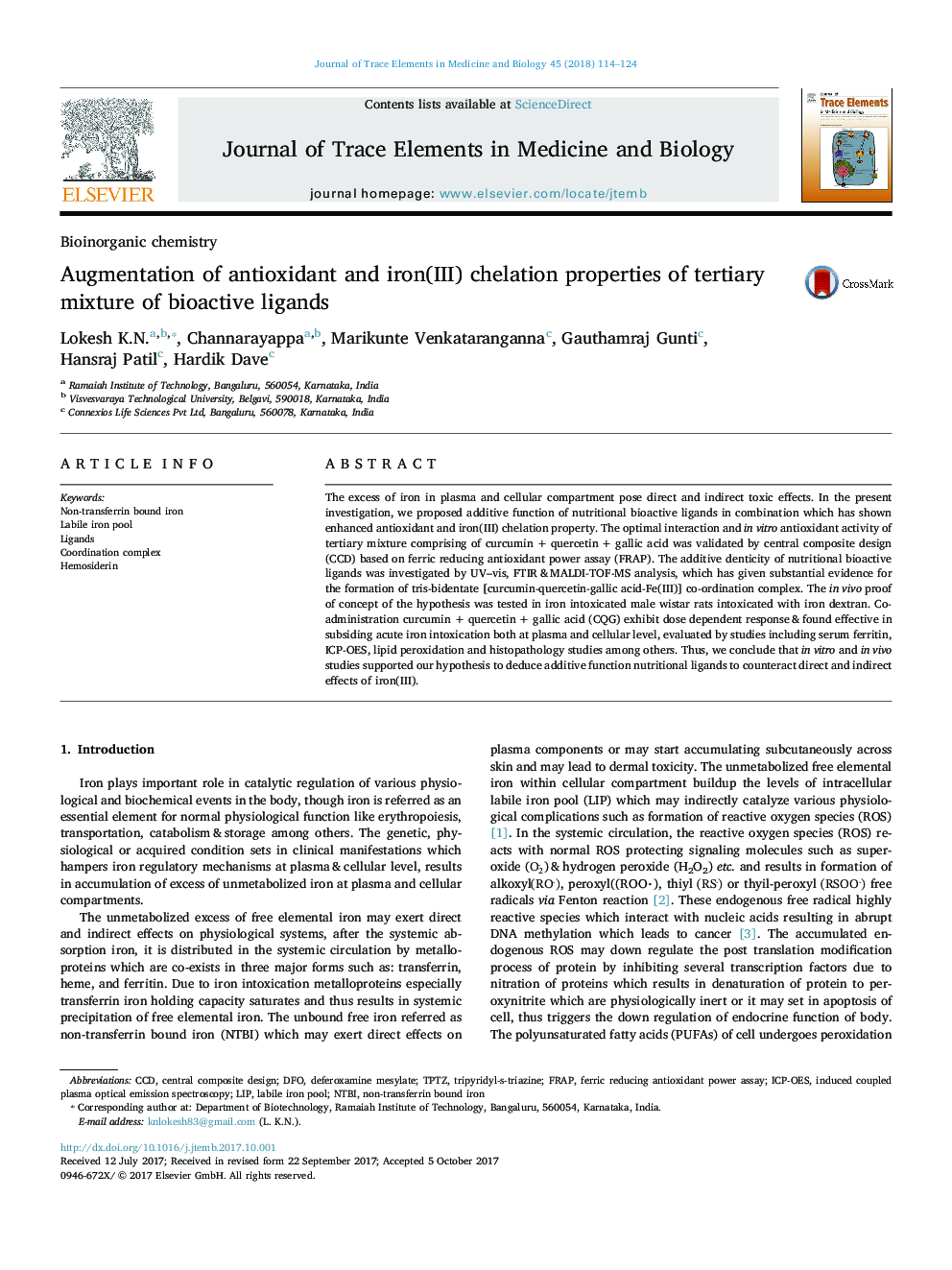 Augmentation of antioxidant and iron(III) chelation properties of tertiary mixture of bioactive ligands