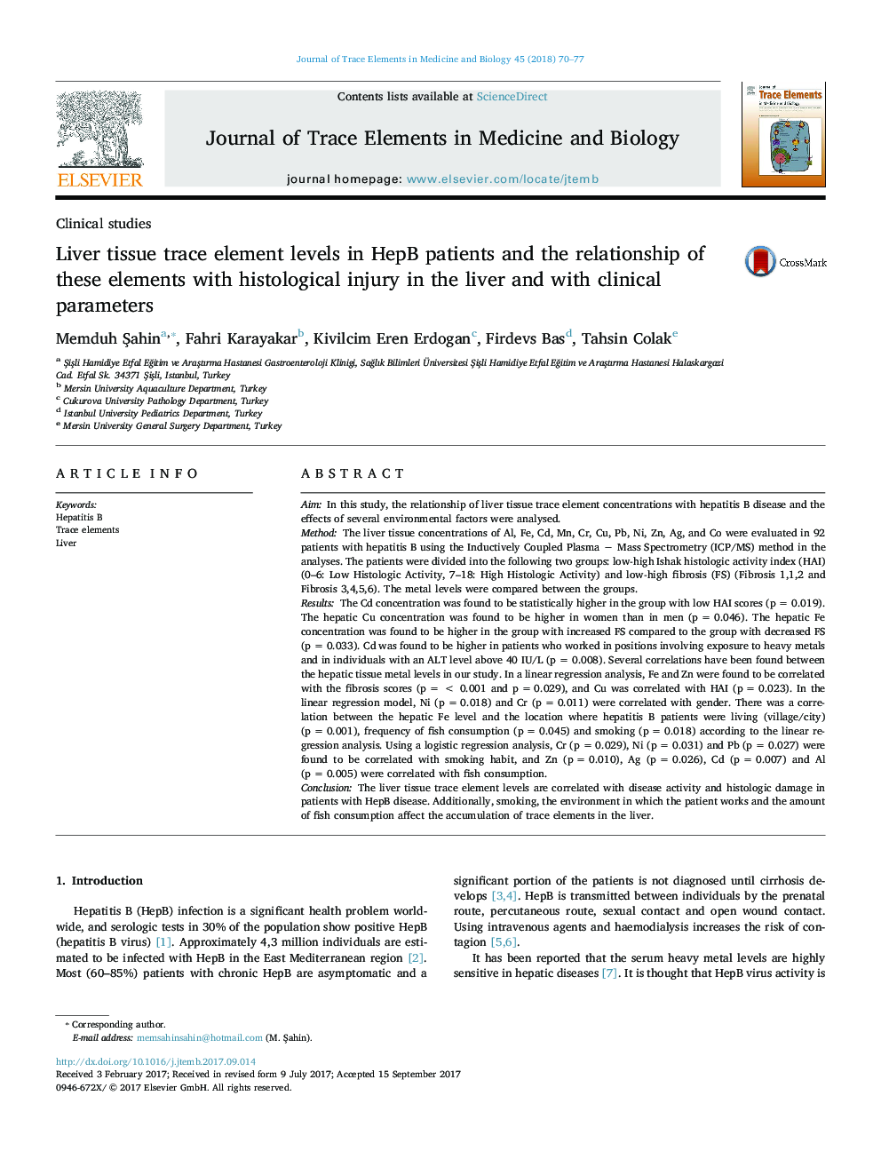 Liver tissue trace element levels in HepB patients and the relationship of these elements with histological injury in the liver and with clinical parameters