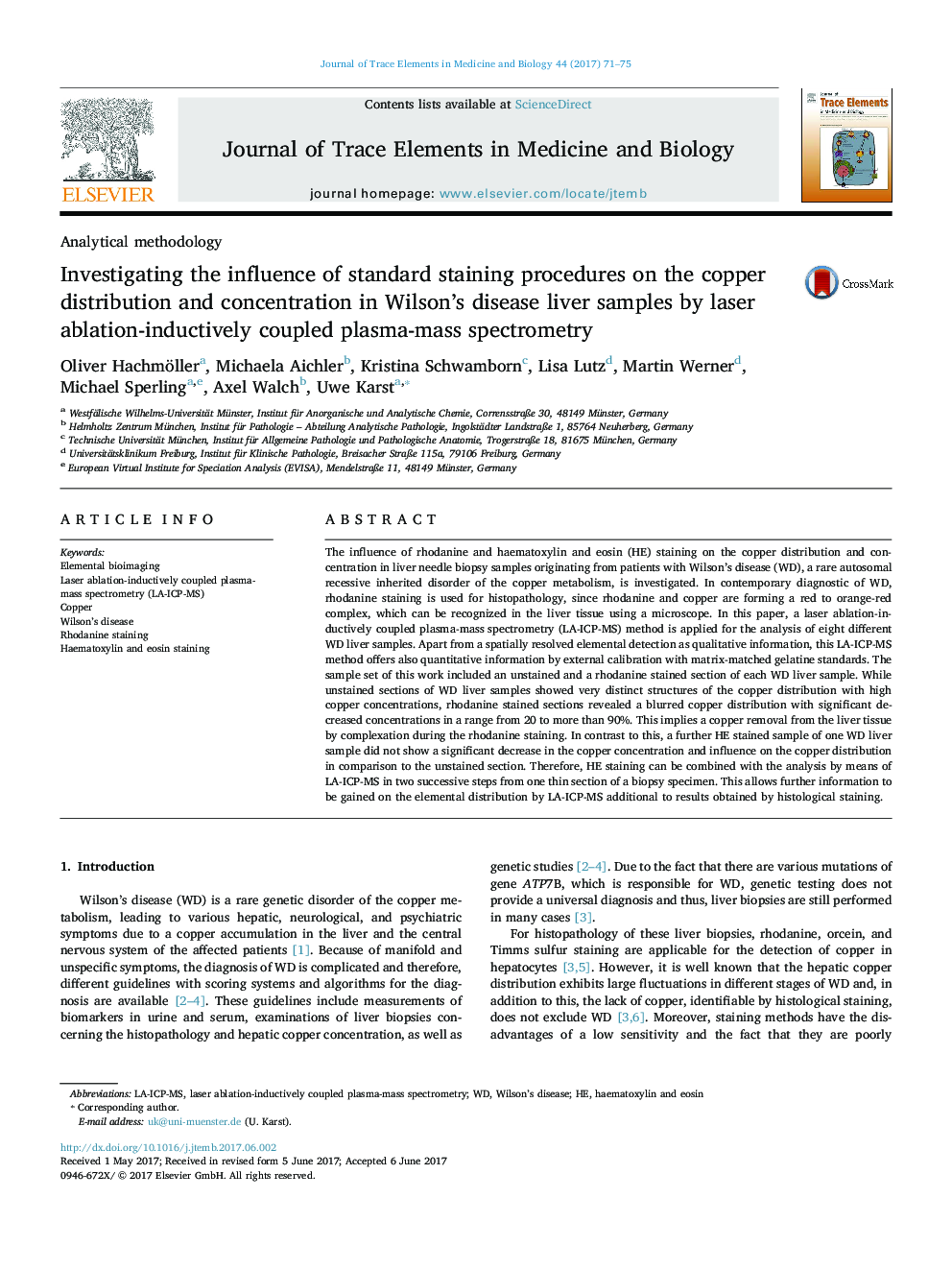Investigating the influence of standard staining procedures on the copper distribution and concentration in Wilson's disease liver samples by laser ablation-inductively coupled plasma-mass spectrometry