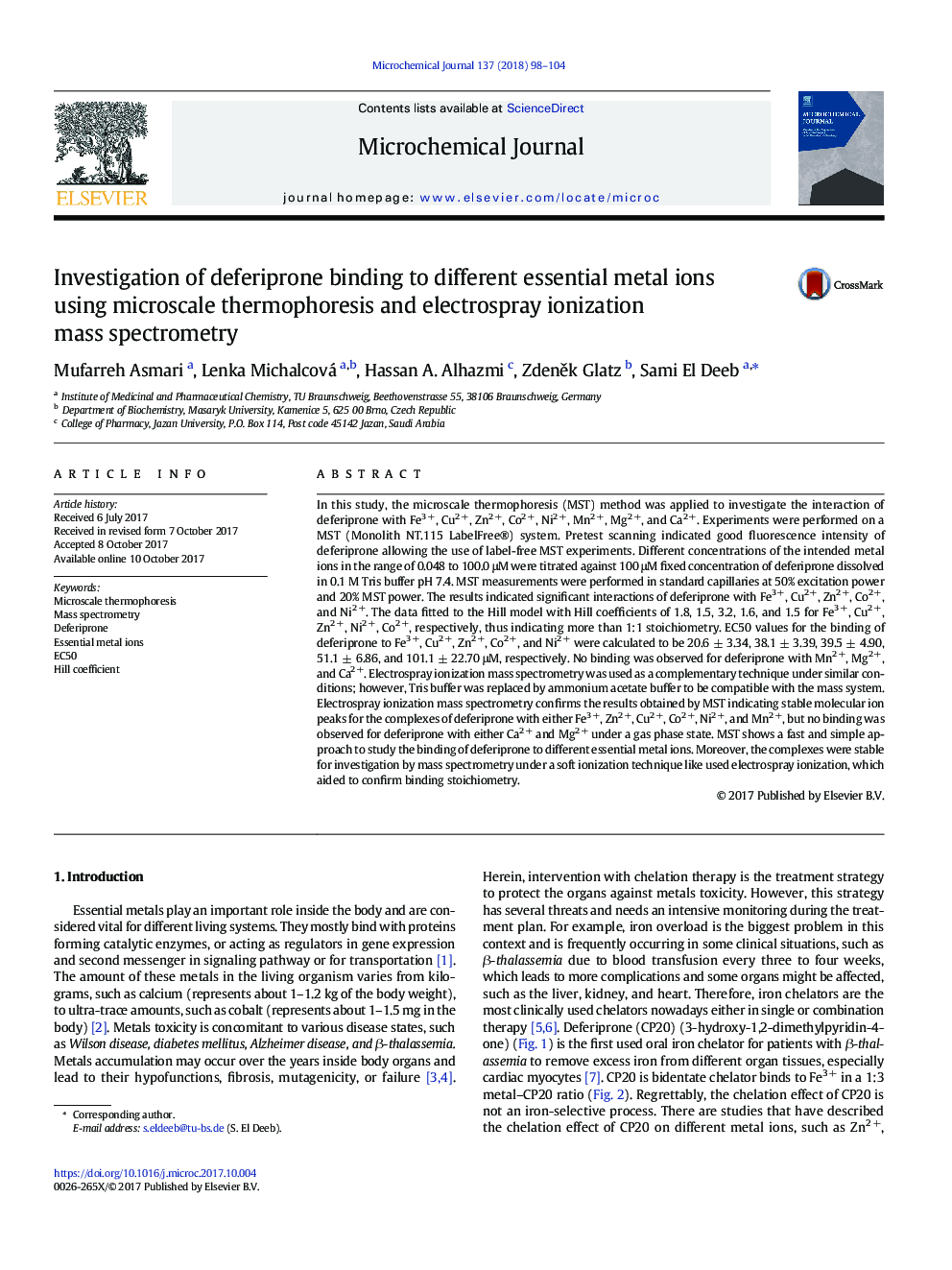 Investigation of deferiprone binding to different essential metal ions using microscale thermophoresis and electrospray ionization mass spectrometry