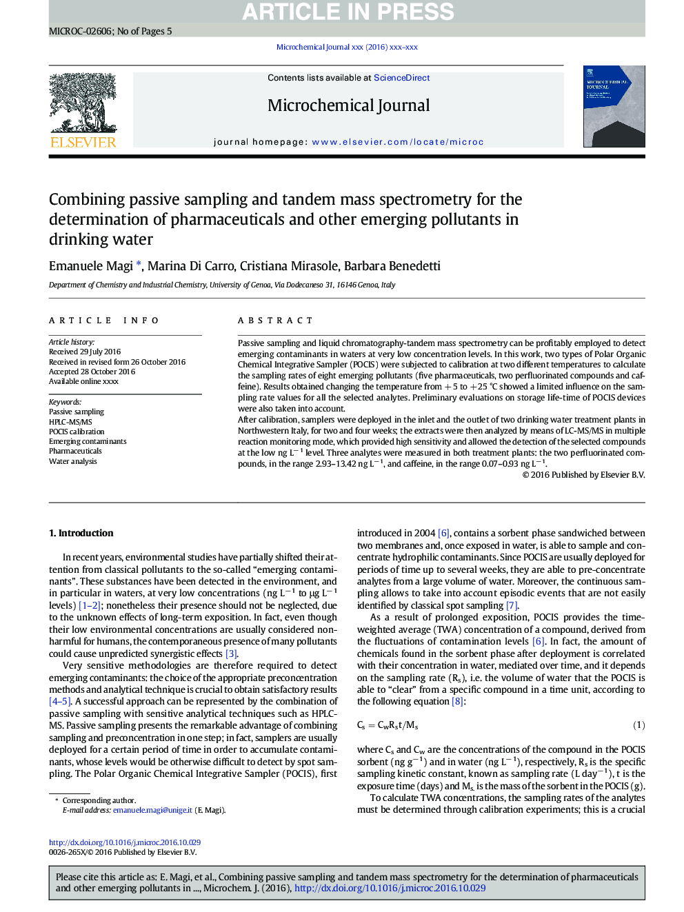 ترکیب نمونه گیری غیر فعال و طیف سنجی توده ای برای تعیین داروها و سایر آلودگی های ظهور در آب آشامیدنی