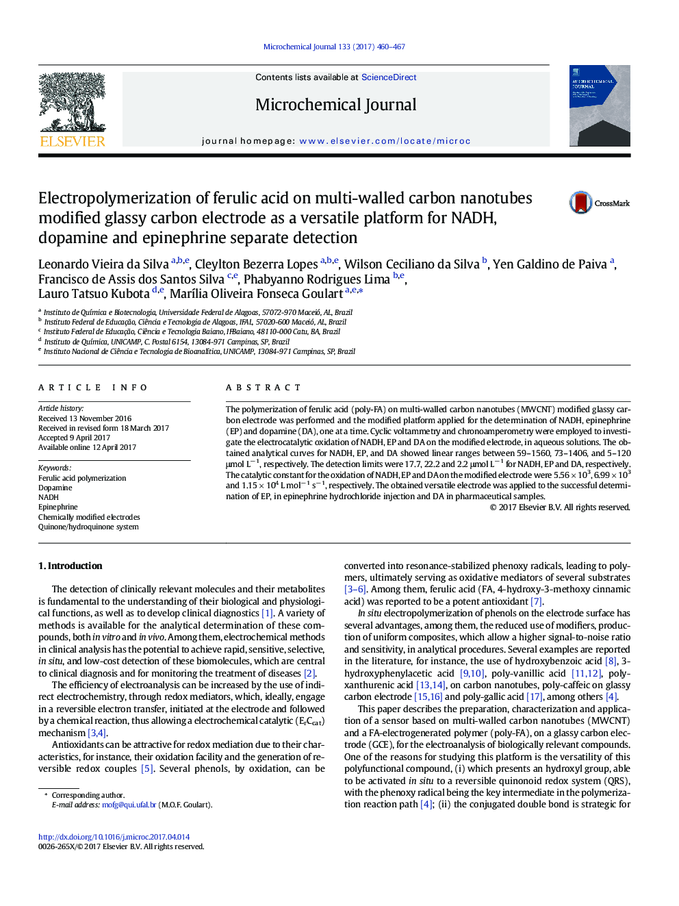 Electropolymerization of ferulic acid on multi-walled carbon nanotubes modified glassy carbon electrode as a versatile platform for NADH, dopamine and epinephrine separate detection