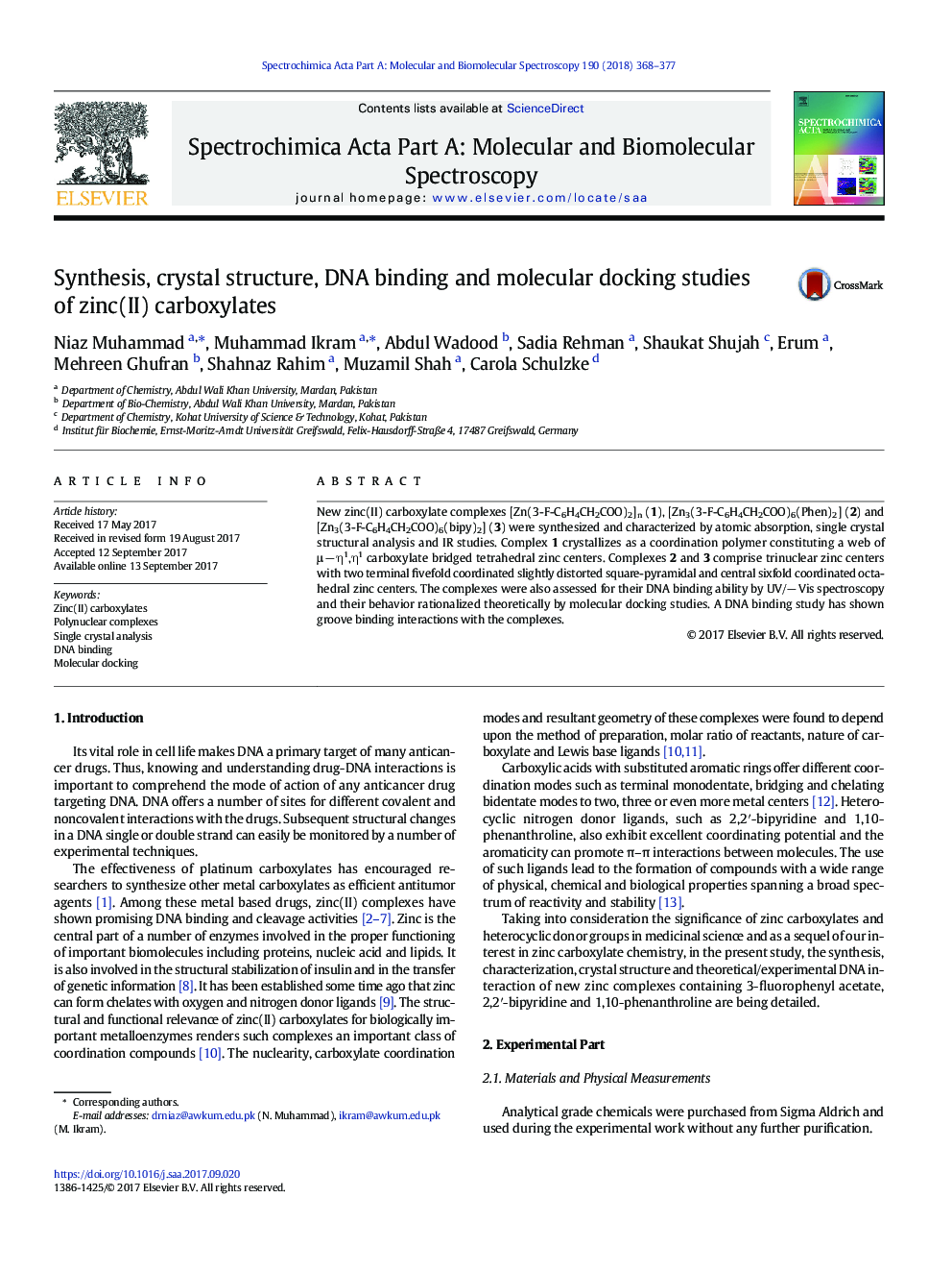 Synthesis, crystal structure, DNA binding and molecular docking studies of zinc(II) carboxylates