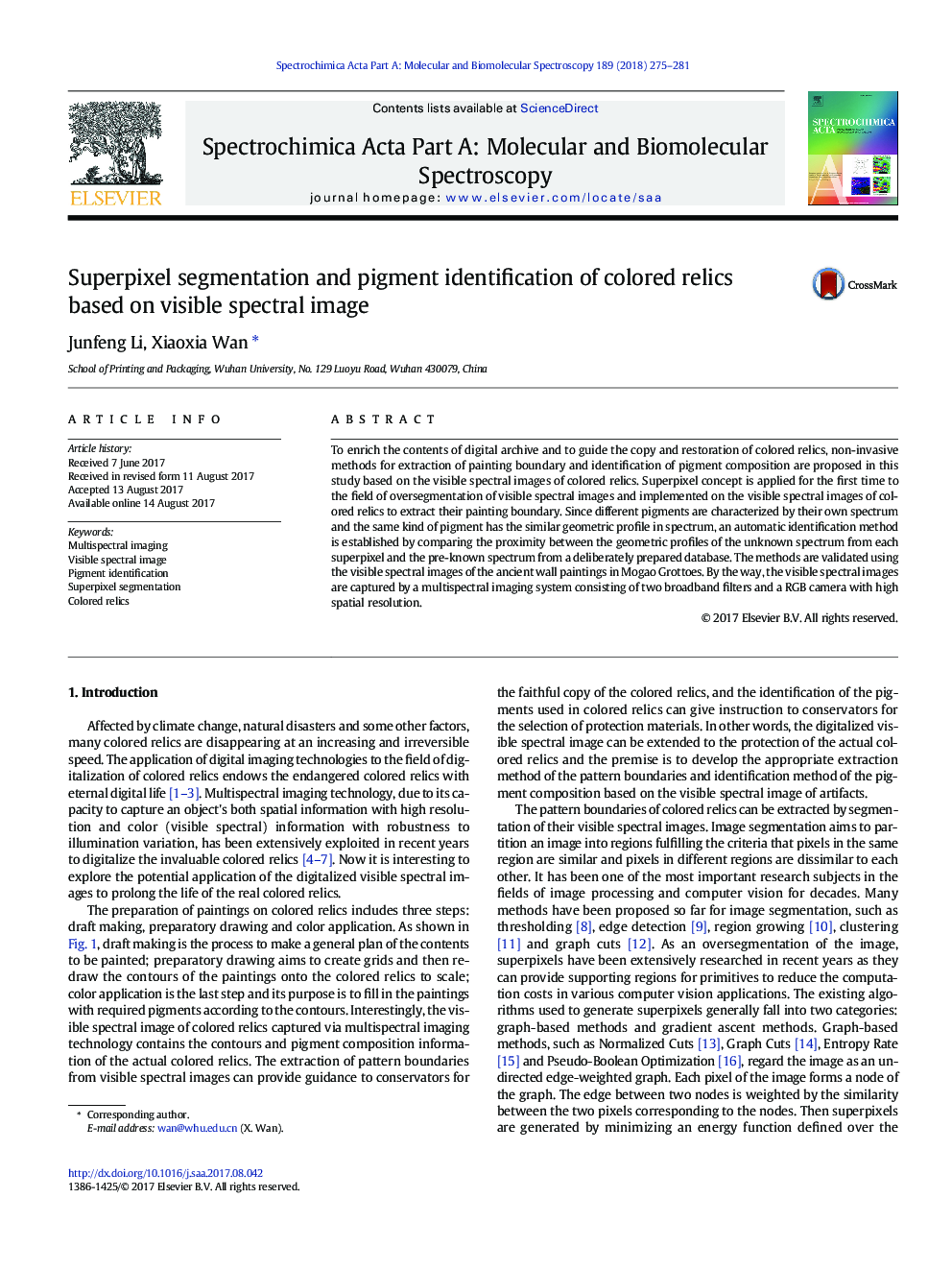 Superpixel segmentation and pigment identification of colored relics based on visible spectral image