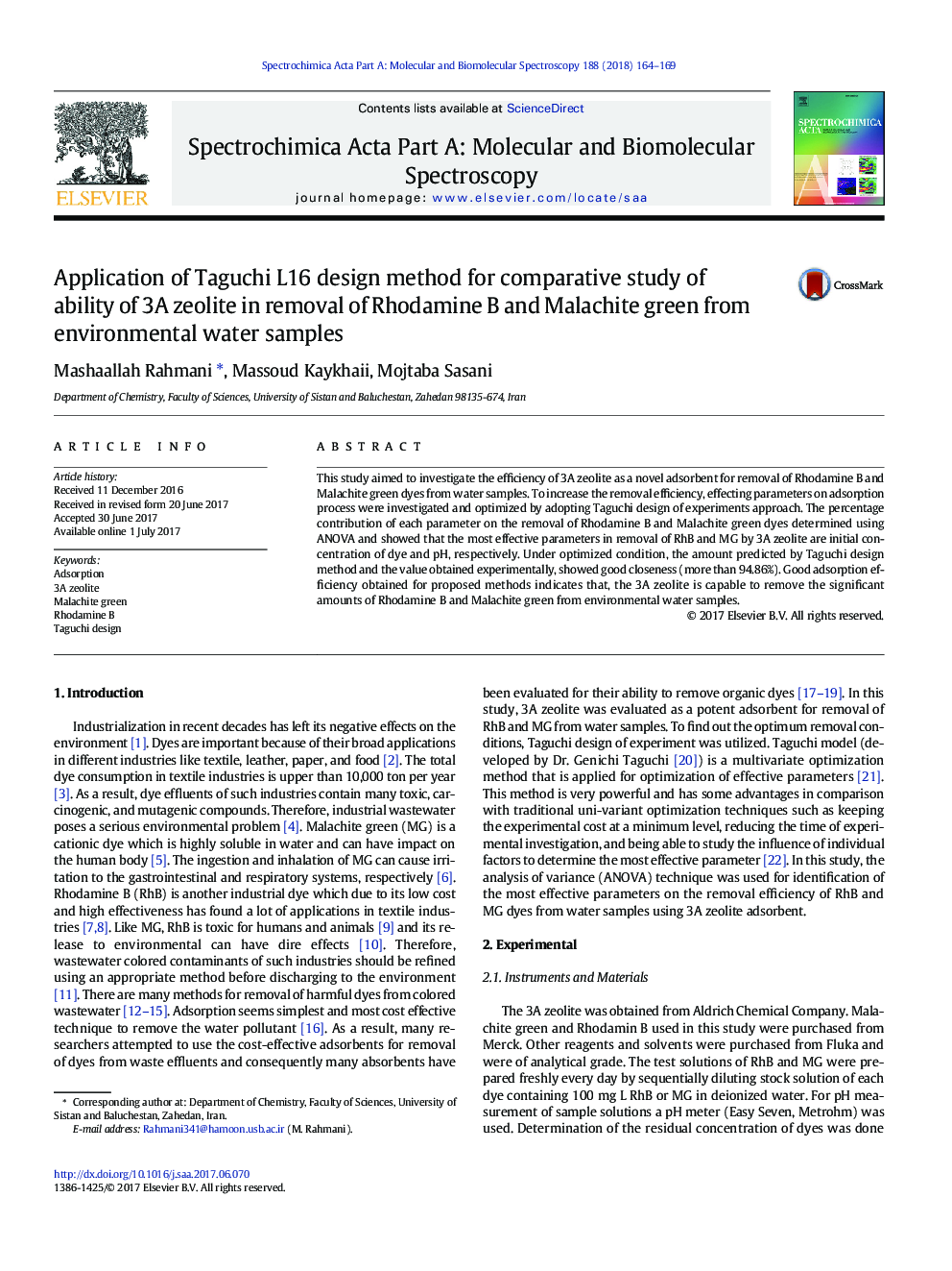 Application of Taguchi L16 design method for comparative study of ability of 3A zeolite in removal of Rhodamine B and Malachite green from environmental water samples