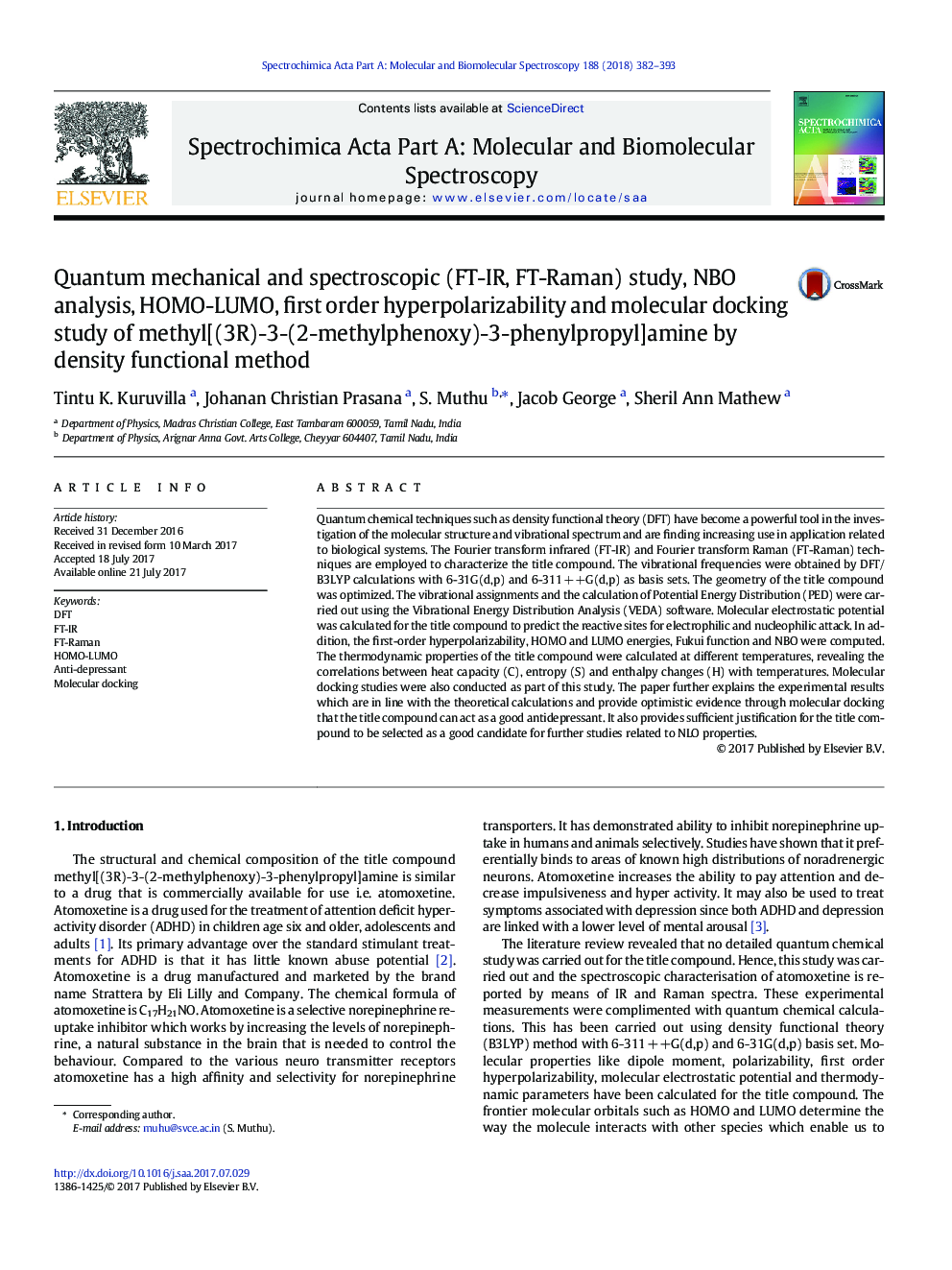 Quantum mechanical and spectroscopic (FT-IR, FT-Raman) study, NBO analysis, HOMO-LUMO, first order hyperpolarizability and molecular docking study of methyl[(3R)-3-(2-methylphenoxy)-3-phenylpropyl]amine by density functional method