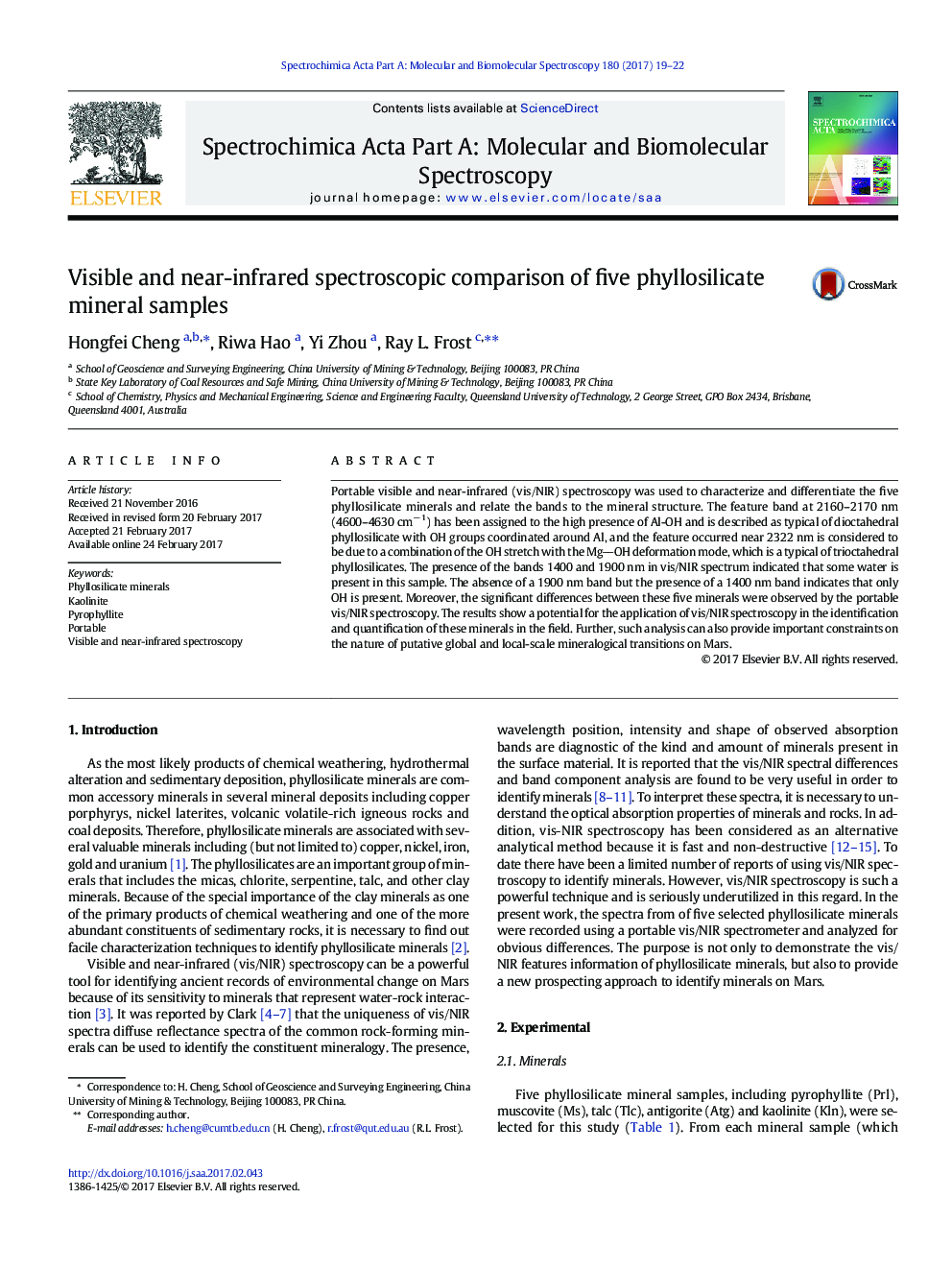 Visible and near-infrared spectroscopic comparison of five phyllosilicate mineral samples