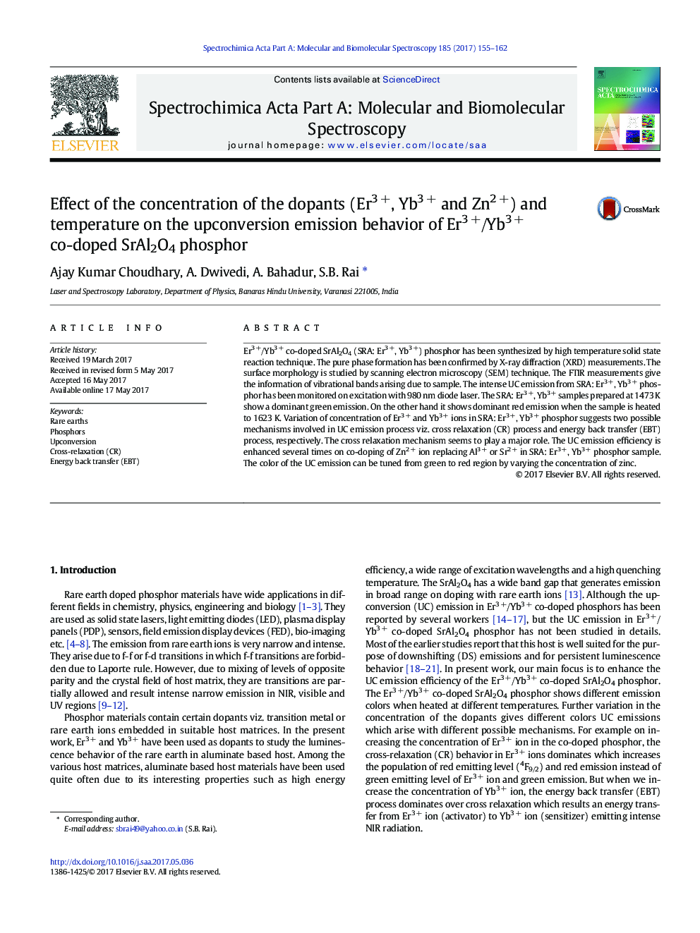 Effect of the concentration of the dopants (Er3Â +, Yb3Â + and Zn2Â +) and temperature on the upconversion emission behavior of Er3Â +/Yb3Â + co-doped SrAl2O4 phosphor