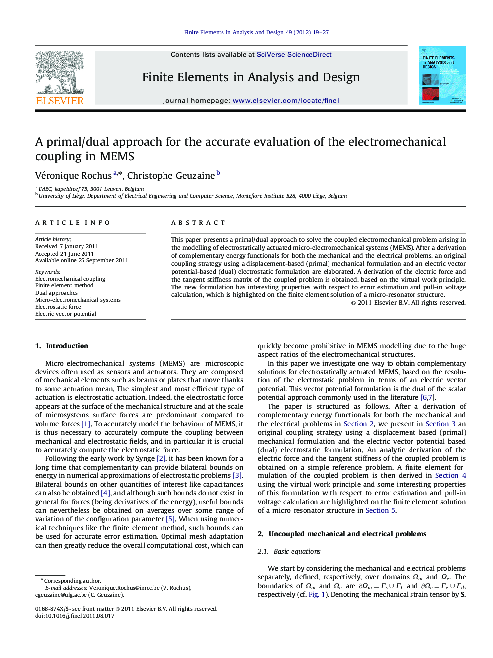 A primal/dual approach for the accurate evaluation of the electromechanical coupling in MEMS