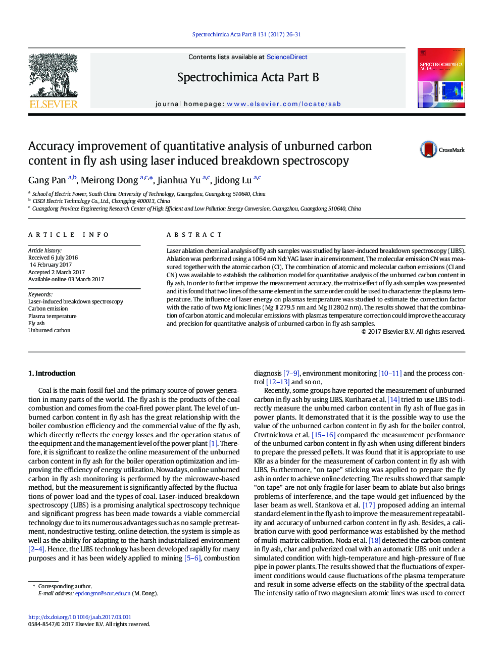 Accuracy improvement of quantitative analysis of unburned carbon content in fly ash using laser induced breakdown spectroscopy