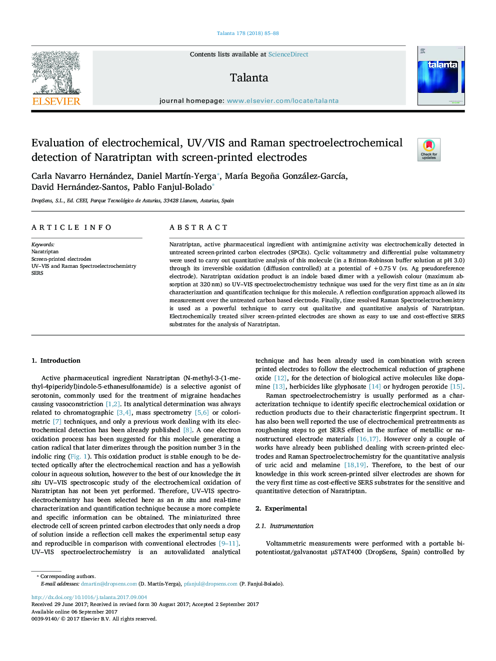 Evaluation of electrochemical, UV/VIS and Raman spectroelectrochemical detection of Naratriptan with screen-printed electrodes