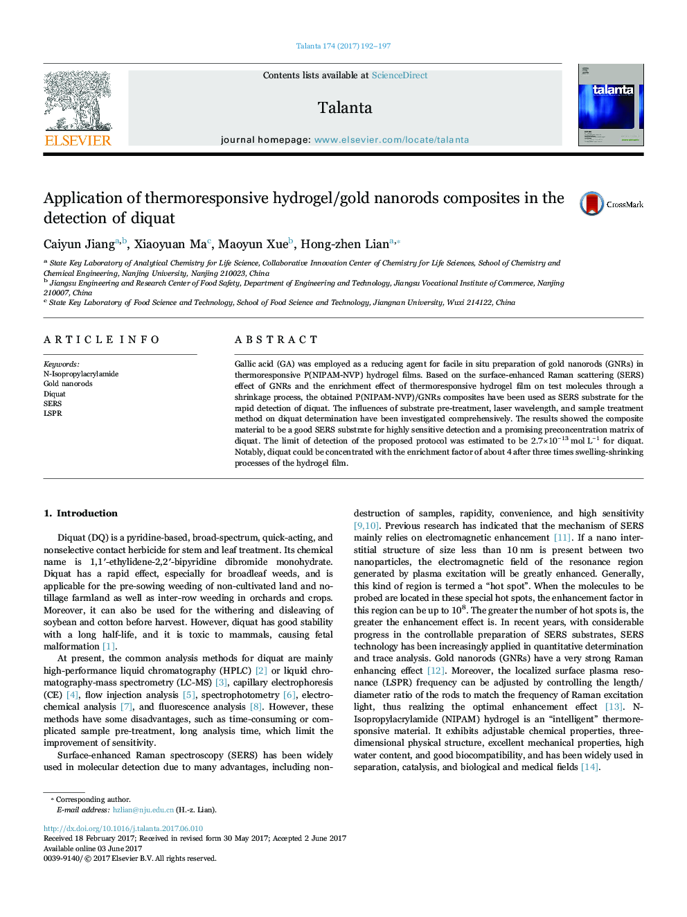 Application of thermoresponsive hydrogel/gold nanorods composites in the detection of diquat