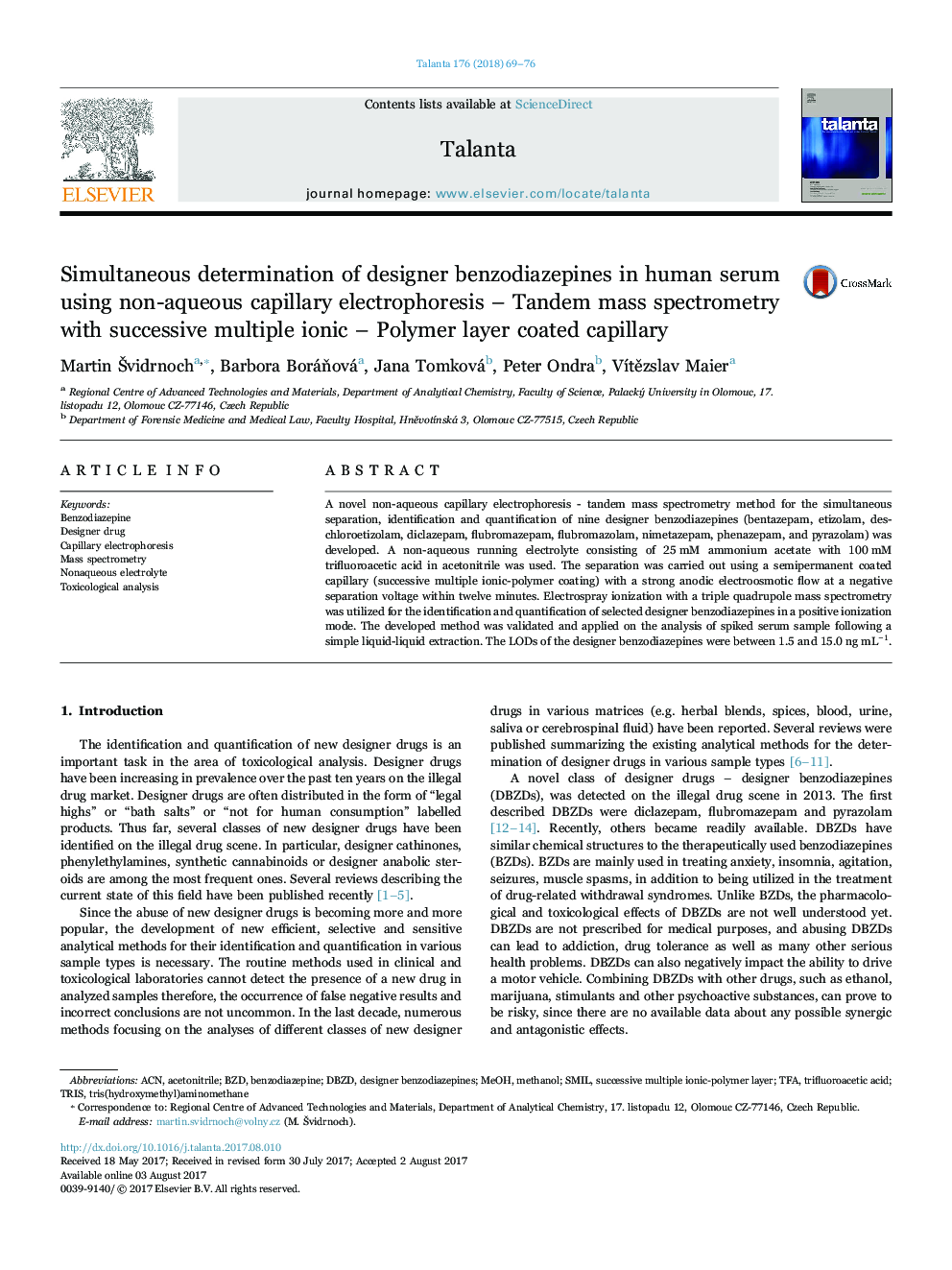 Simultaneous determination of designer benzodiazepines in human serum using non-aqueous capillary electrophoresis - Tandem mass spectrometry with successive multiple ionic - Polymer layer coated capillary