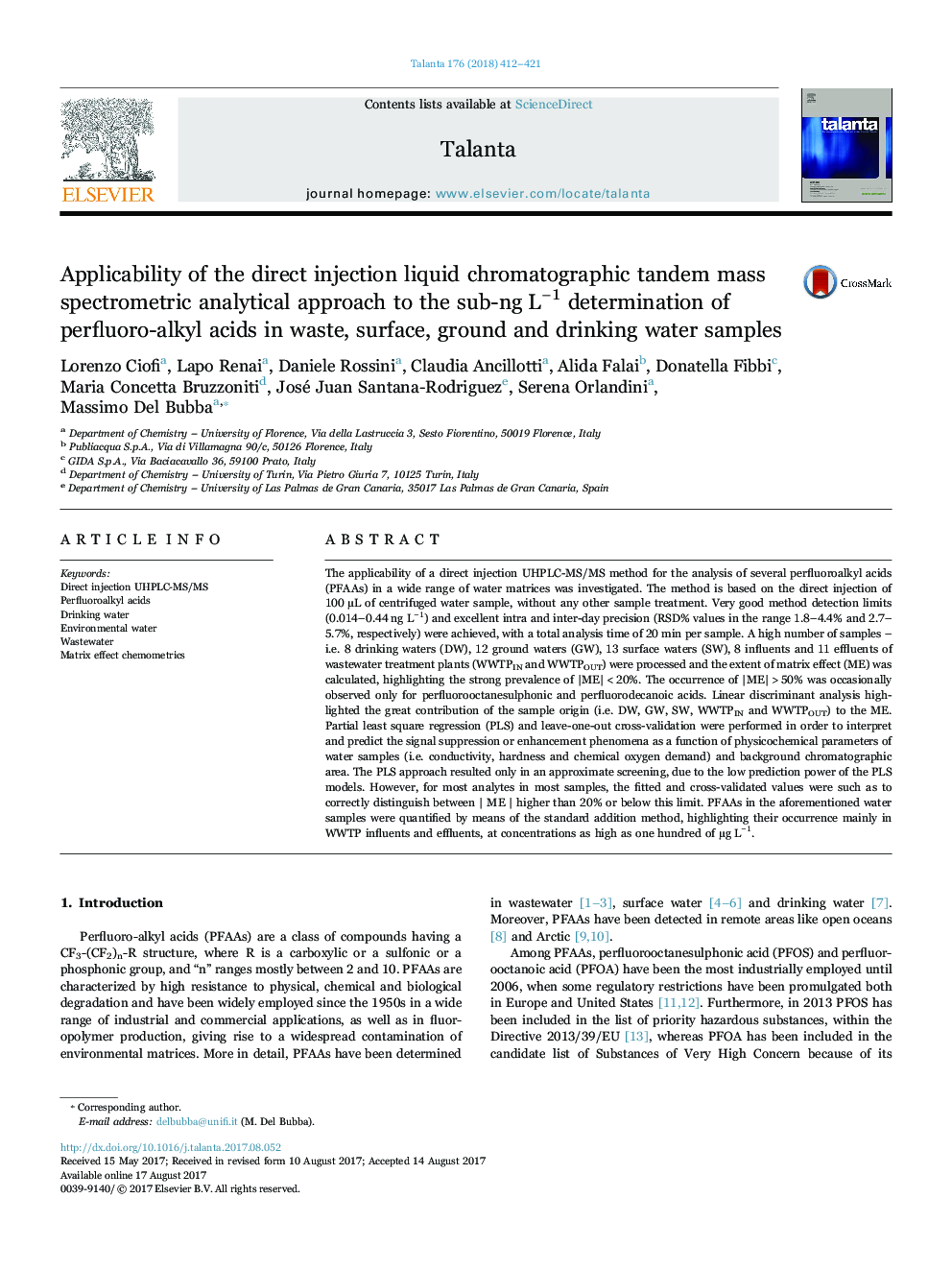 Applicability of the direct injection liquid chromatographic tandem mass spectrometric analytical approach to the sub-ngÂ Lâ1 determination of perfluoro-alkyl acids in waste, surface, ground and drinking water samples