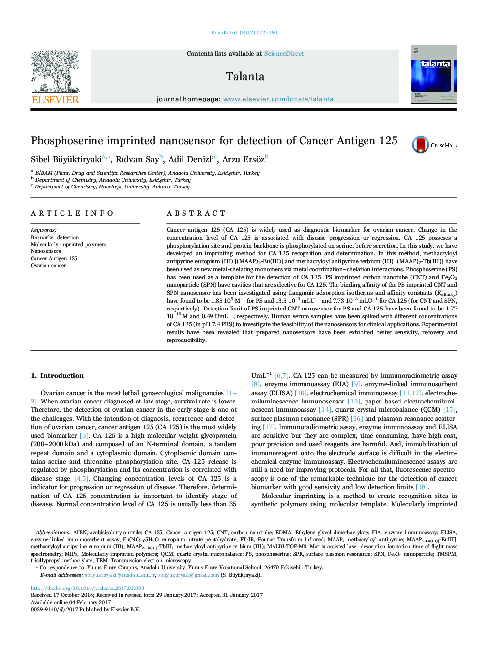 Phosphoserine imprinted nanosensor for detection of Cancer Antigen 125