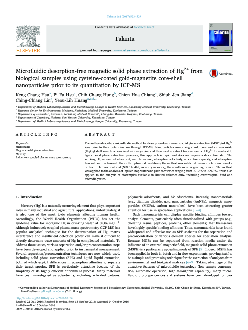 Microfluidic desorption-free magnetic solid phase extraction of Hg2+ from biological samples using cysteine-coated gold-magnetite core-shell nanoparticles prior to its quantitation by ICP-MS