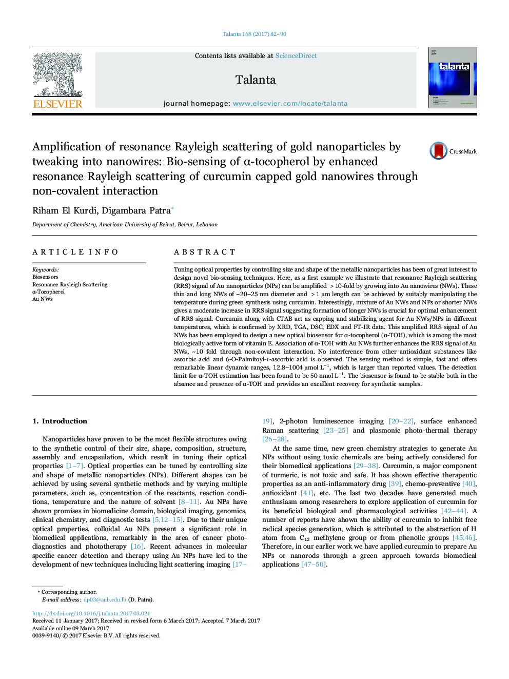 Amplification of resonance Rayleigh scattering of gold nanoparticles by tweaking into nanowires: Bio-sensing of Î±-tocopherol by enhanced resonance Rayleigh scattering of curcumin capped gold nanowires through non-covalent interaction