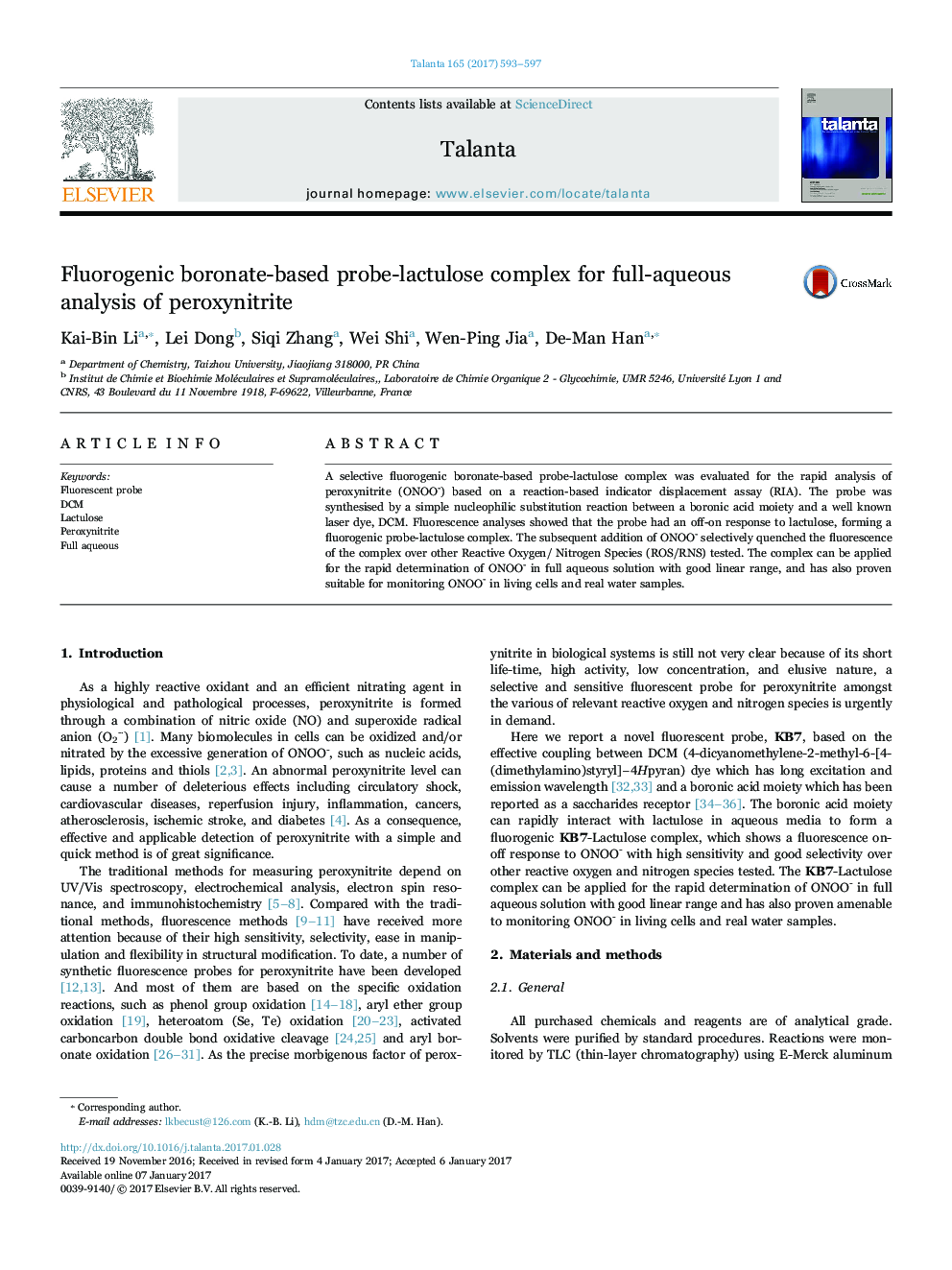 Fluorogenic boronate-based probe-lactulose complex for full-aqueous analysis of peroxynitrite