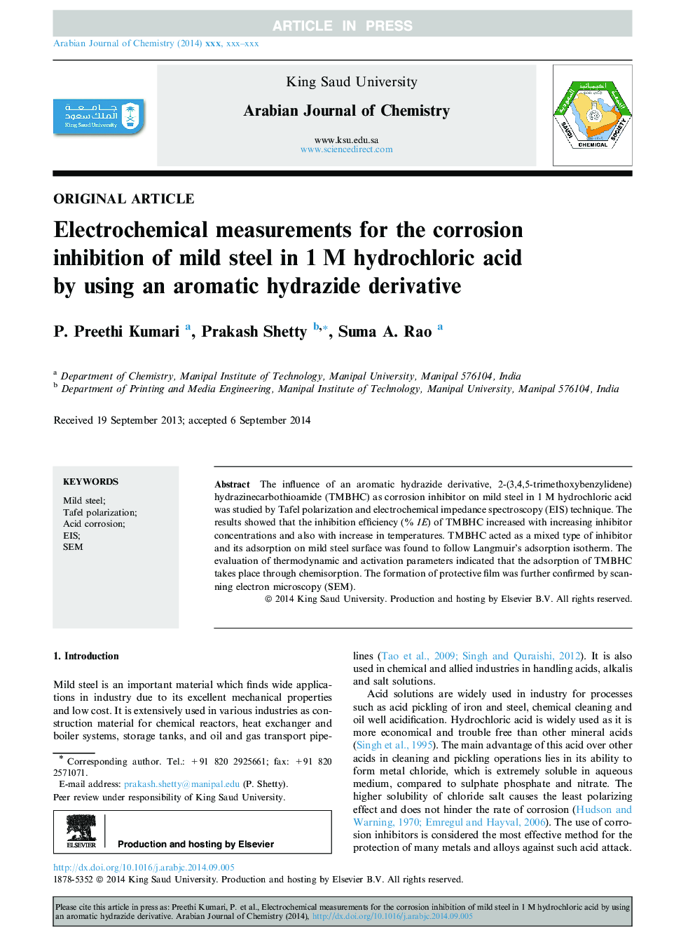 Electrochemical measurements for the corrosion inhibition of mild steel in 1Â M hydrochloric acid by using an aromatic hydrazide derivative