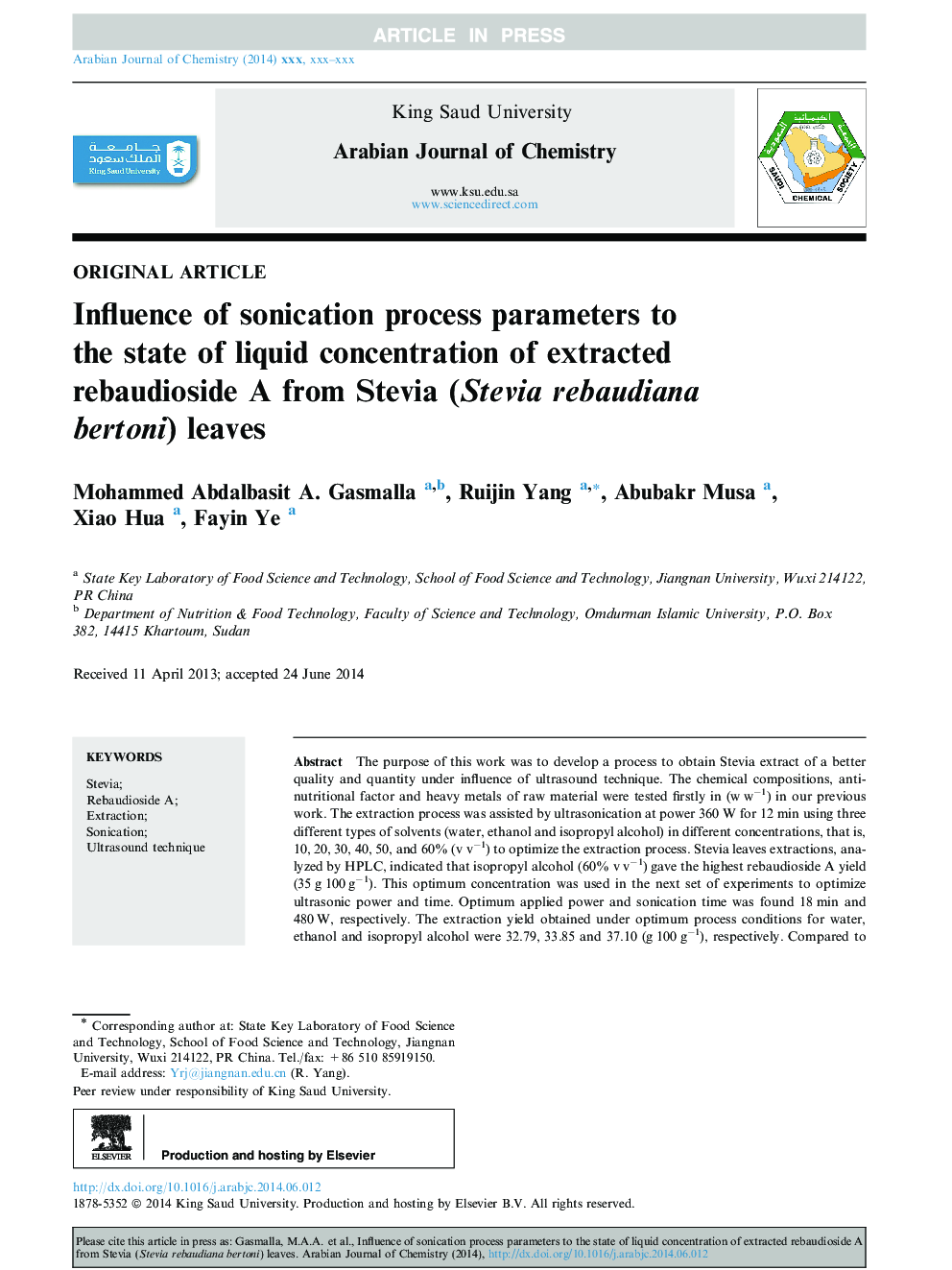 Influence of sonication process parameters to the state of liquid concentration of extracted rebaudioside A from Stevia (Stevia rebaudiana bertoni) leaves