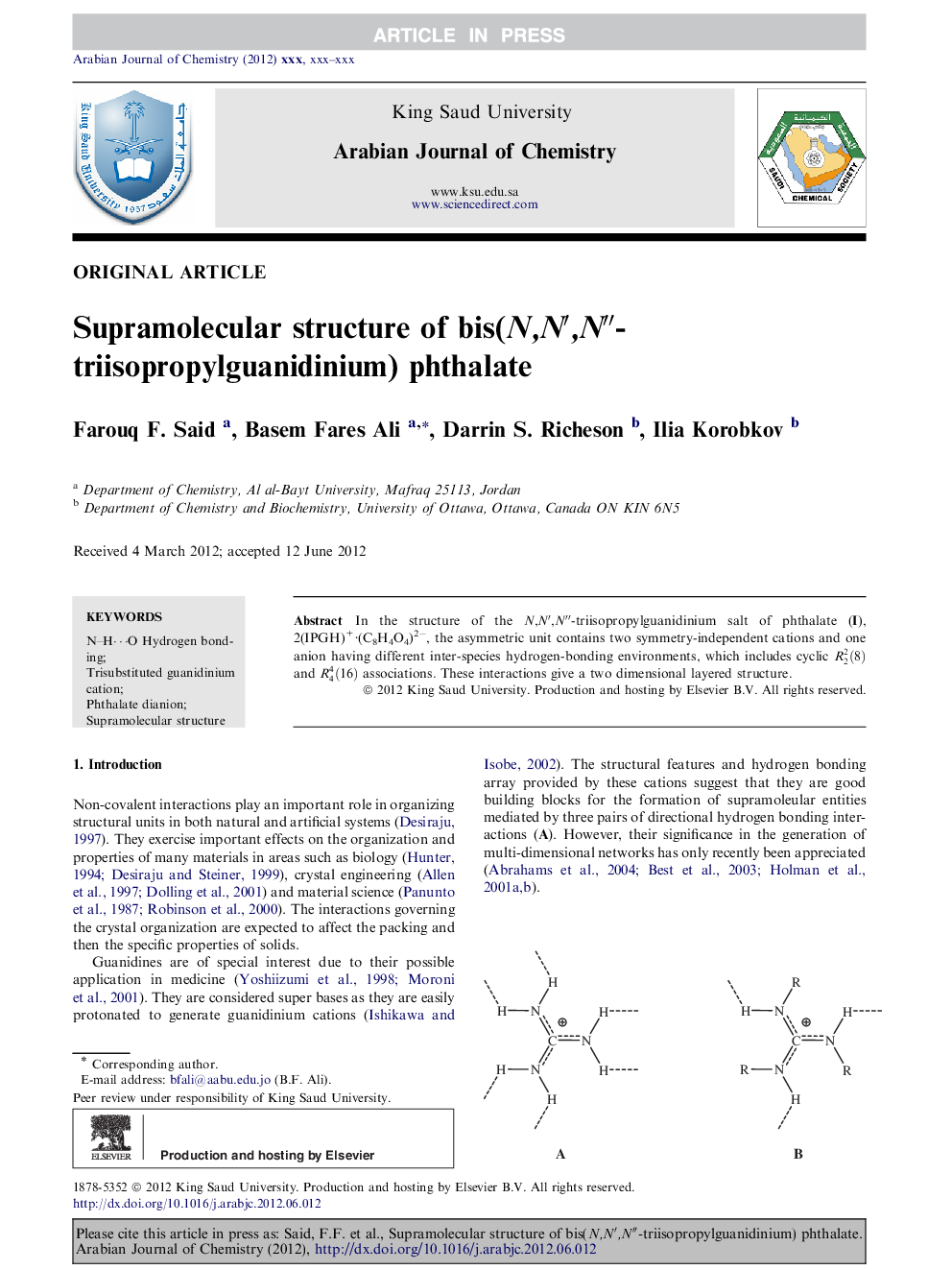 Supramolecular structure of bis(N,Nâ²,Nâ³-triisopropylguanidinium) phthalate