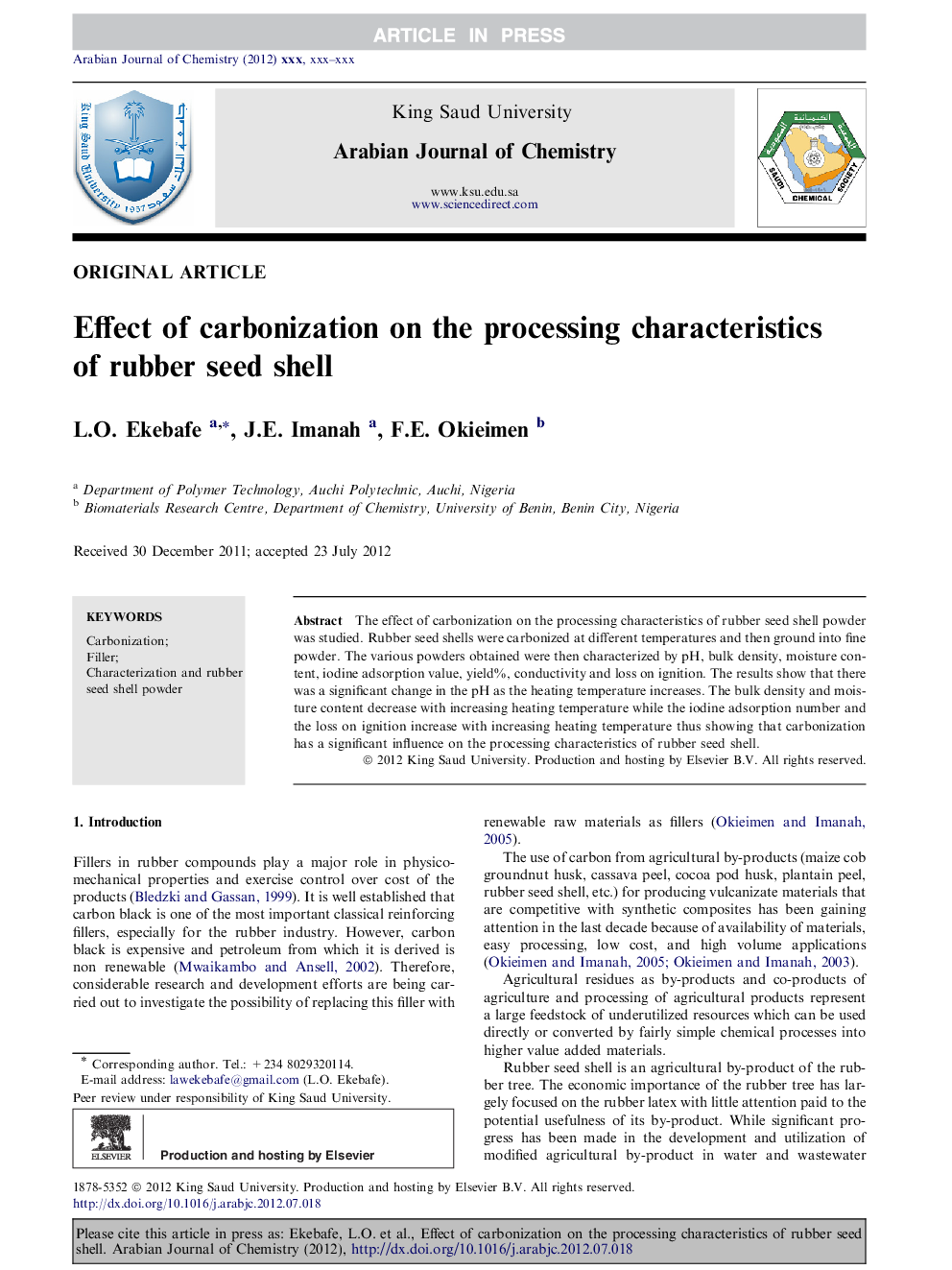 Effect of carbonization on the processing characteristics of rubber seed shell