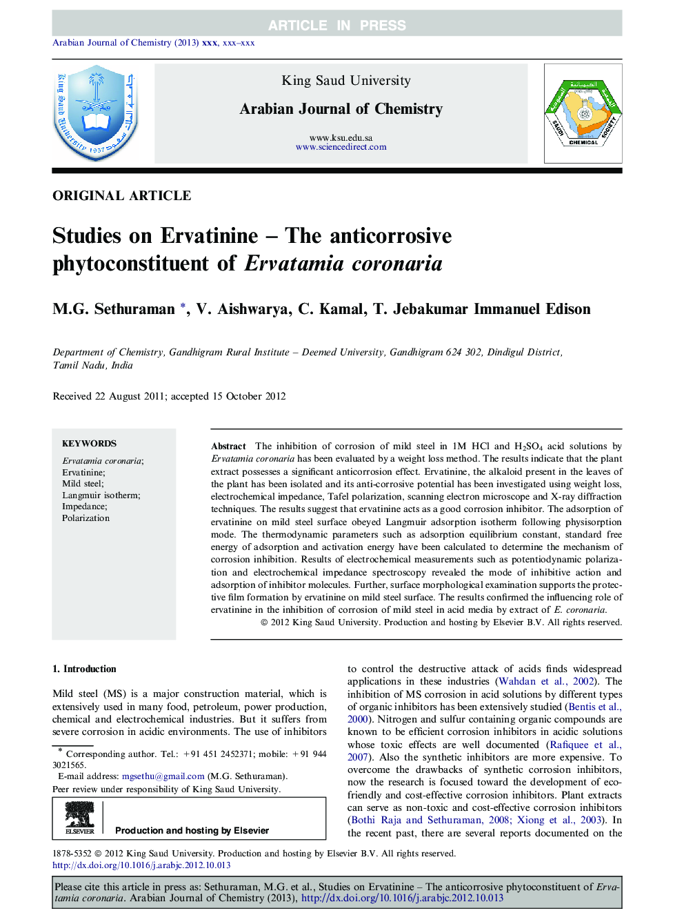 Studies on Ervatinine - The anticorrosive phytoconstituent of Ervatamia coronaria
