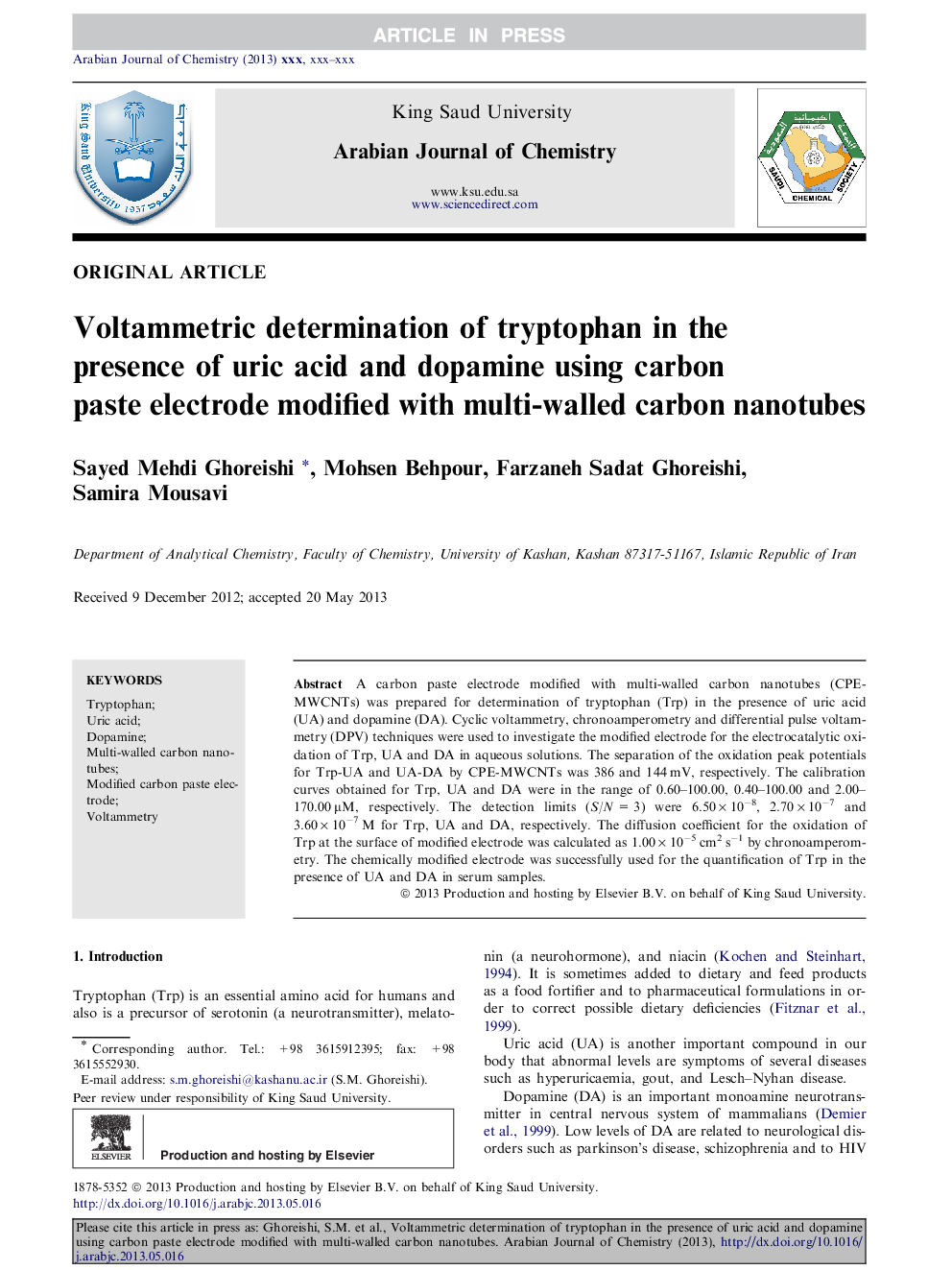 Voltammetric determination of tryptophan in the presence of uric acid and dopamine using carbon paste electrode modified with multi-walled carbon nanotubes