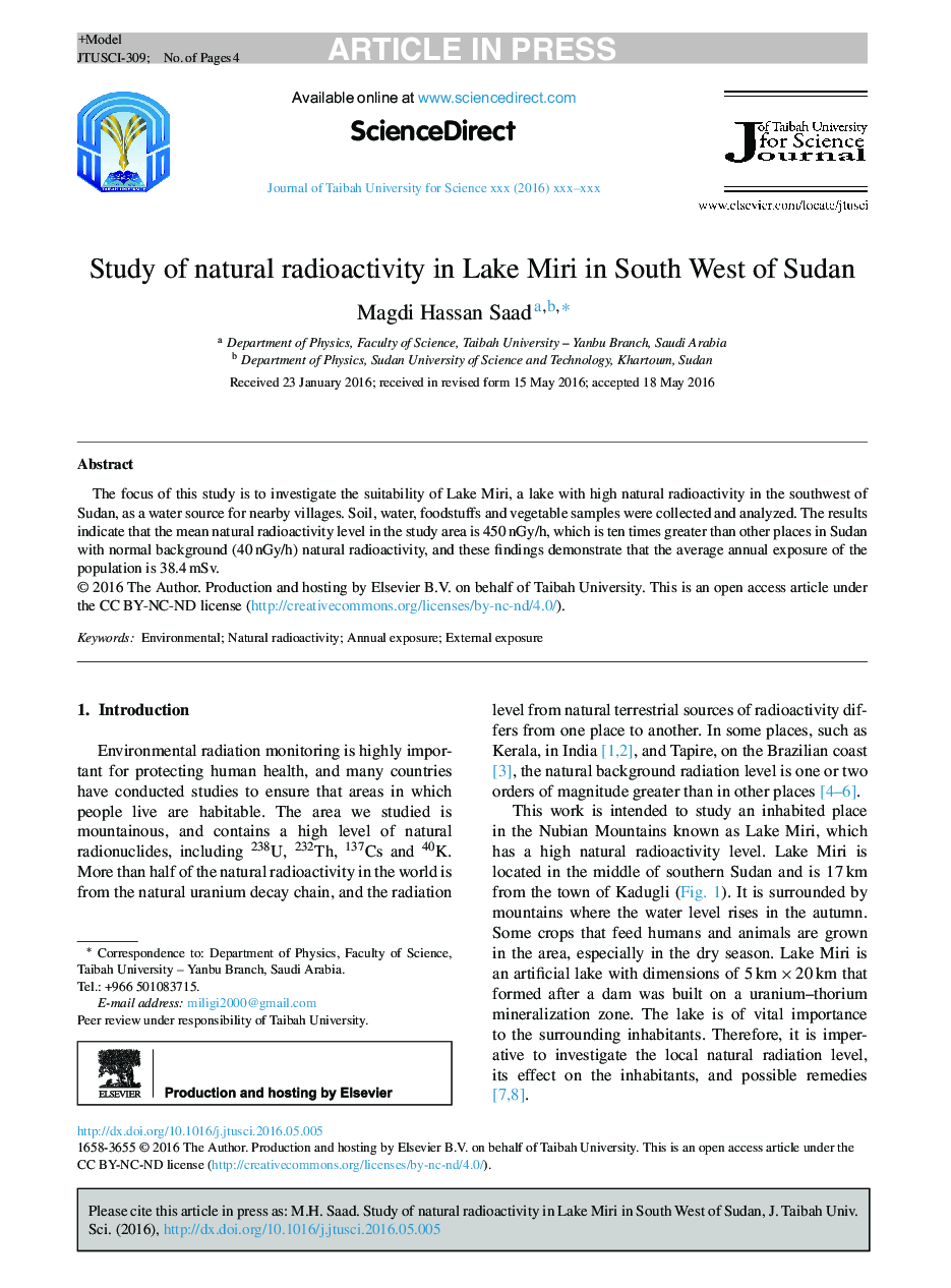 Study of natural radioactivity in Lake Miri in South West of Sudan