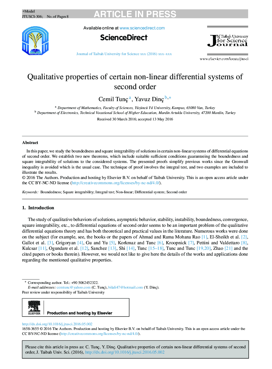 Qualitative properties of certain non-linear differential systems of second order
