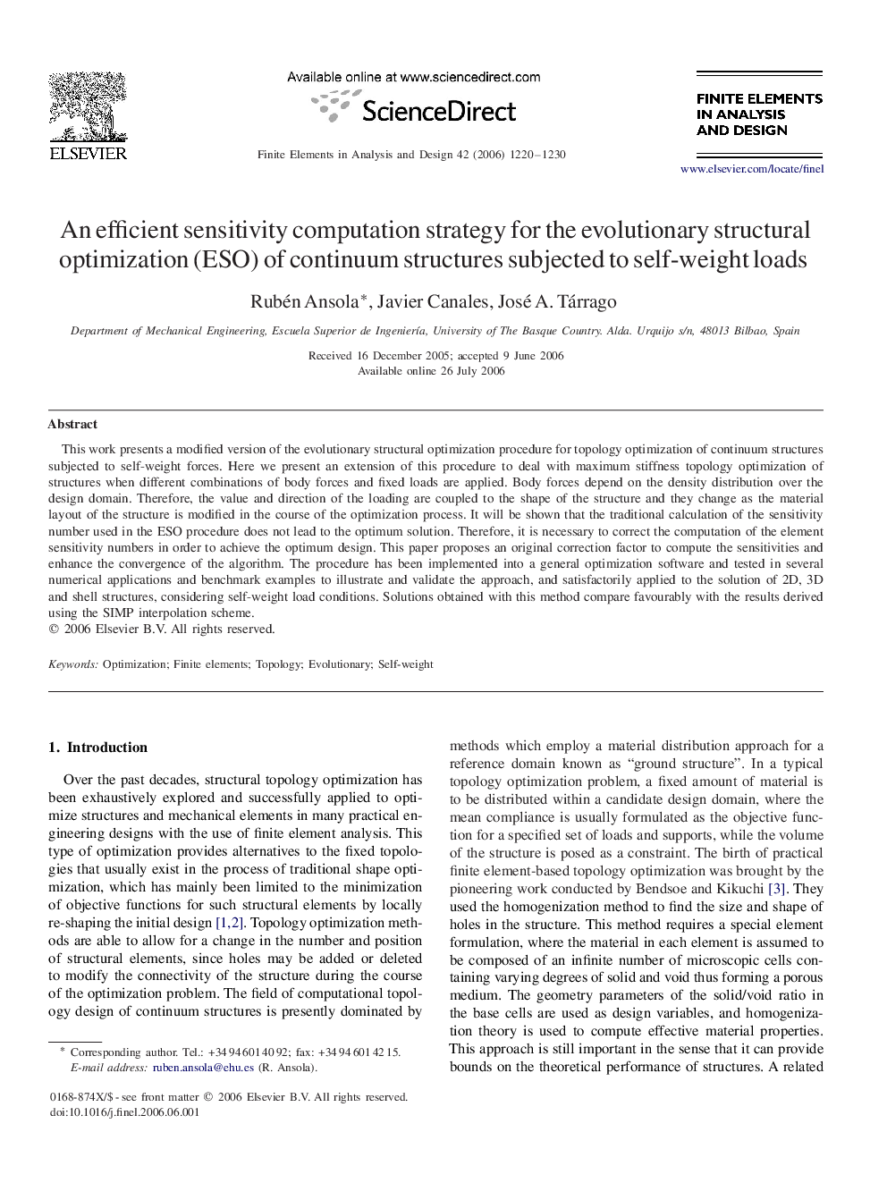 An efficient sensitivity computation strategy for the evolutionary structural optimization (ESO) of continuum structures subjected to self-weight loads