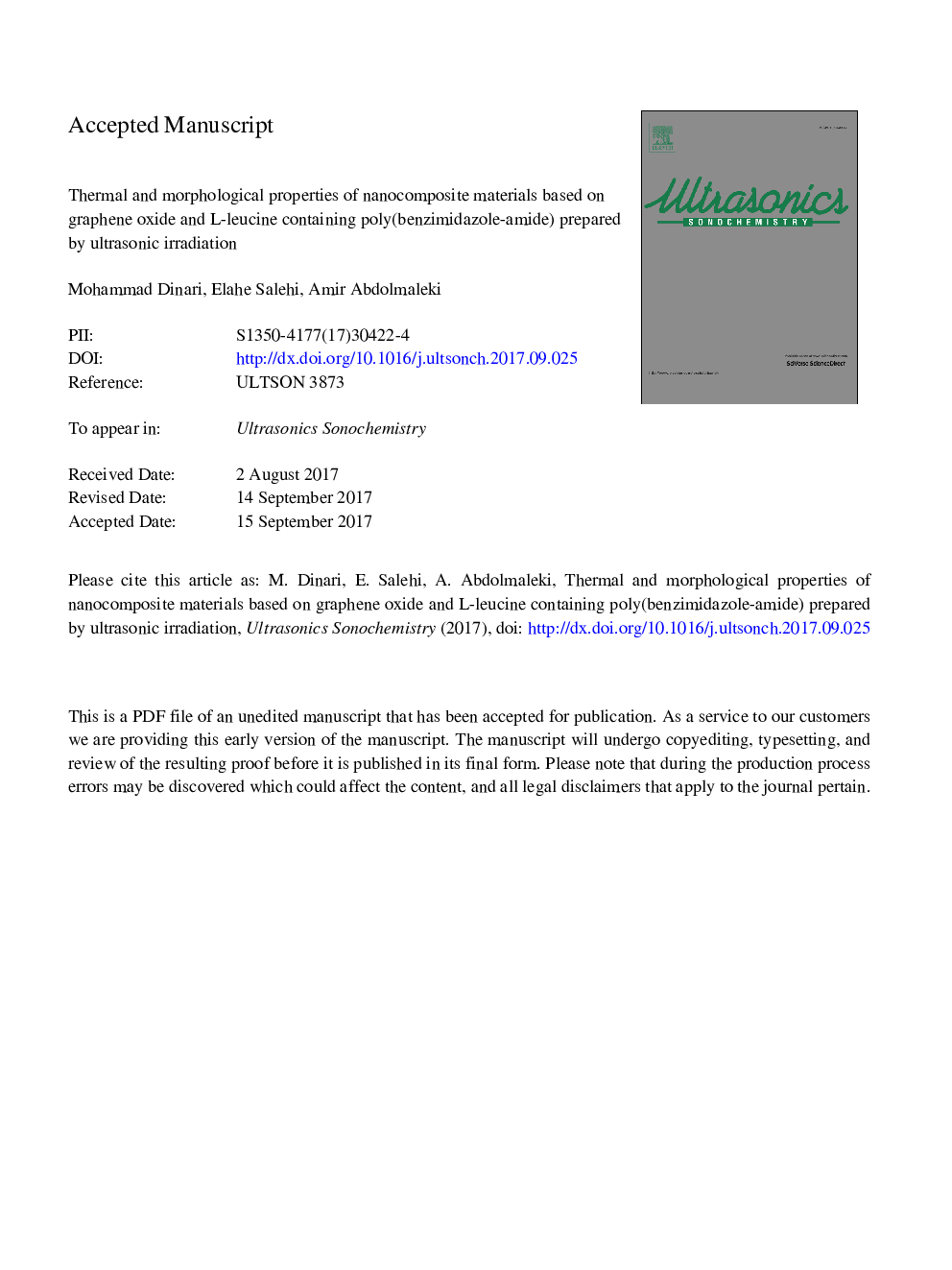 خصوصیات حرارتی و مورفولوژیکی مواد نانو کامپوزیتی بر اساس اکسید گرافین و پلی-بنزیمیدازول آمید حاوی لیپوزین (لیزین) تهیه شده توسط اشعه ماوراء بنفش