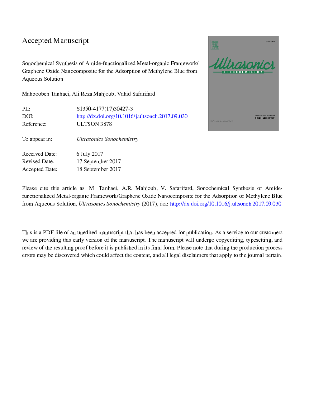 سنتز سونو شیمیایی نانوکامپوزیت اکسید گرافین-آمید-عامل زده شده برای جذب متیلن آبی از محلول آبی