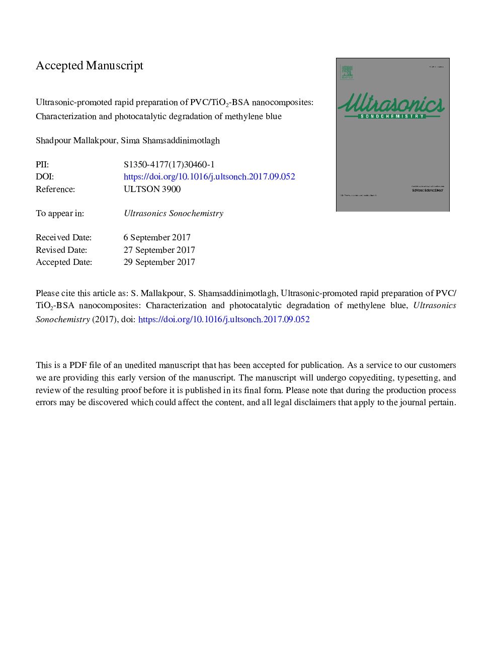 Ultrasonic-promoted rapid preparation of PVC/TiO2-BSA nanocomposites: Characterization and photocatalytic degradation of methylene blue