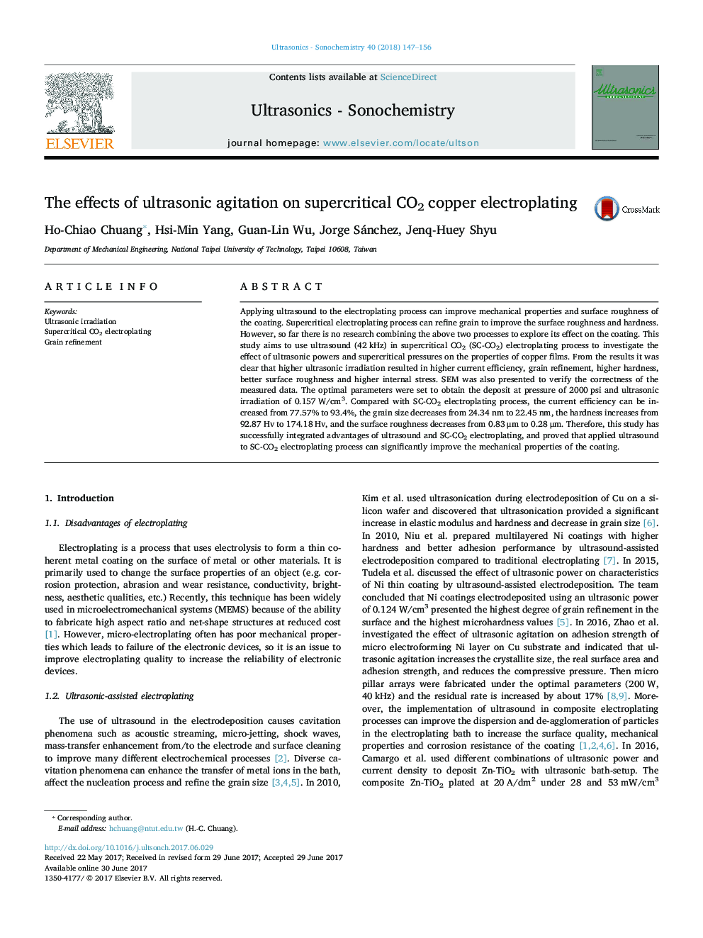 The effects of ultrasonic agitation on supercritical CO2 copper electroplating