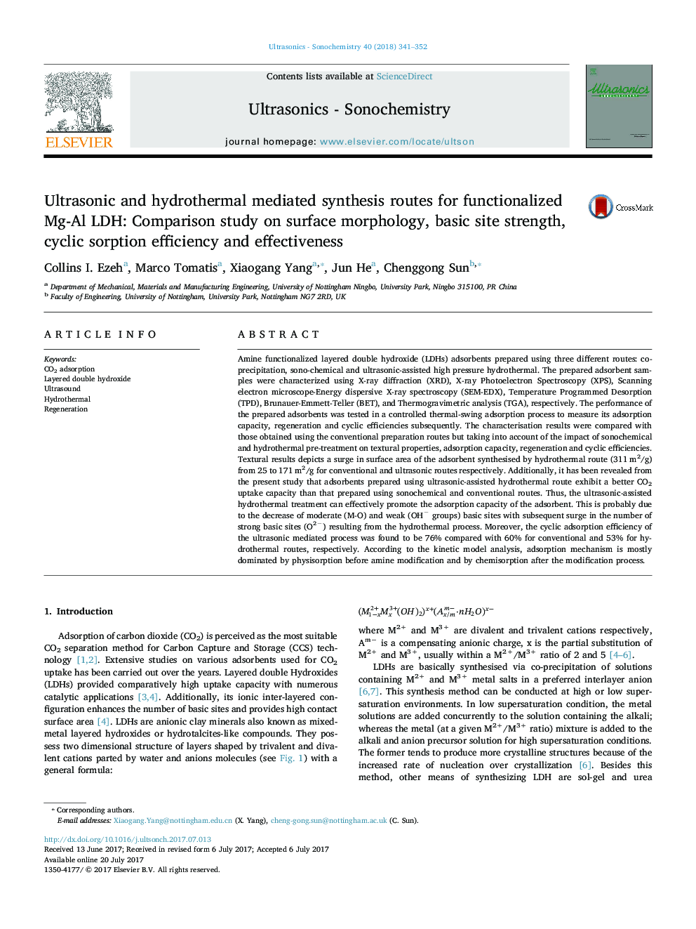 Ultrasonic and hydrothermal mediated synthesis routes for functionalized Mg-Al LDH: Comparison study on surface morphology, basic site strength, cyclic sorption efficiency and effectiveness