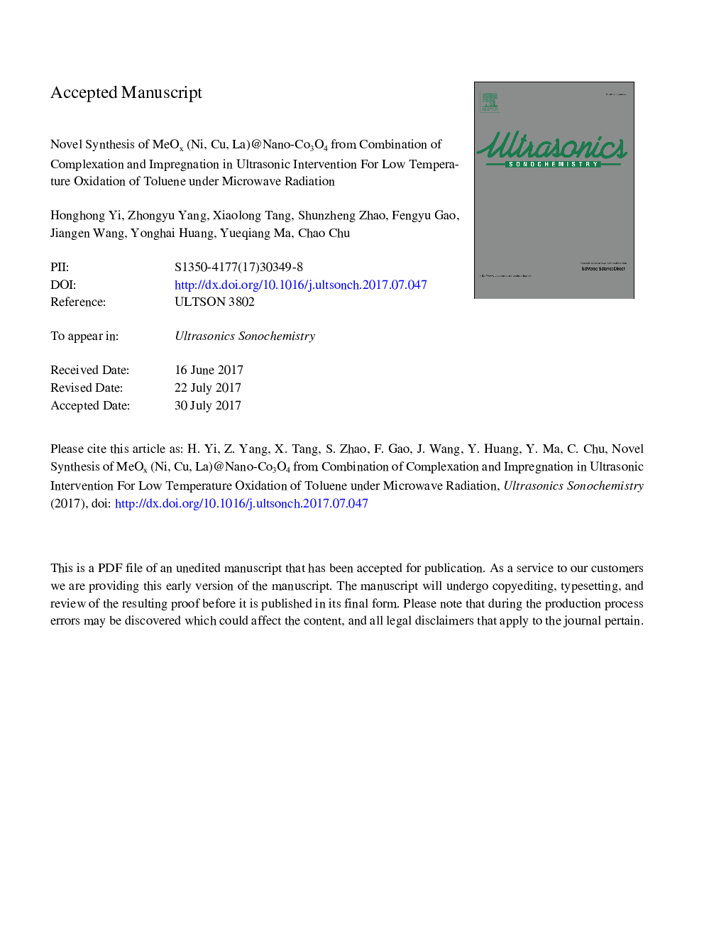 Novel synthesis of MeOx (Ni, Cu, La)@Nano-Co3O4 from combination of complexation and impregnation in ultrasonic intervention for low temperature oxidation of toluene under microwave radiation