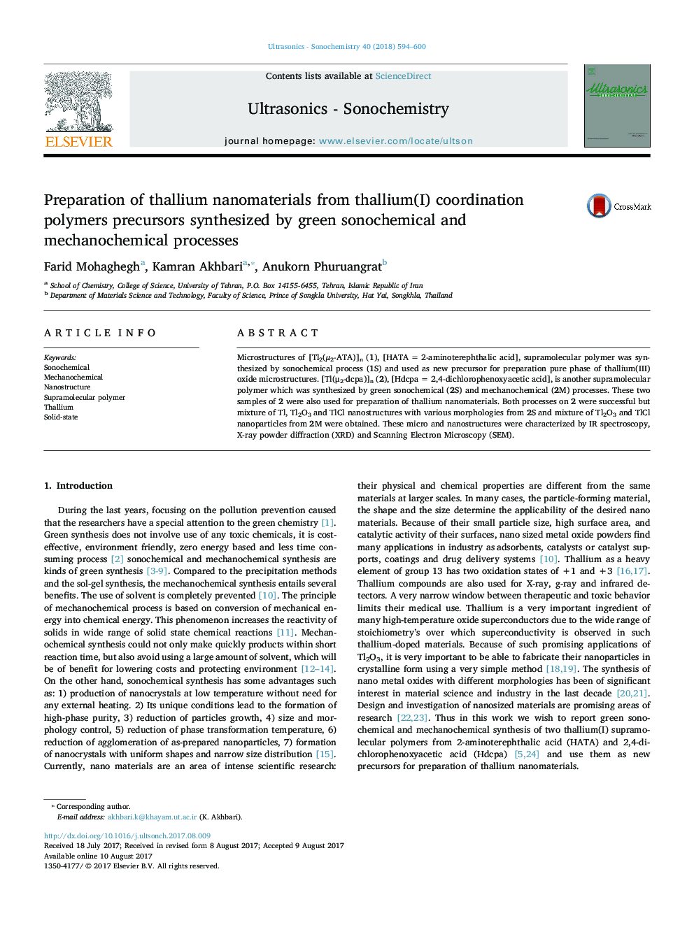 Preparation of thallium nanomaterials from thallium(I) coordination polymers precursors synthesized by green sonochemical and mechanochemical processes