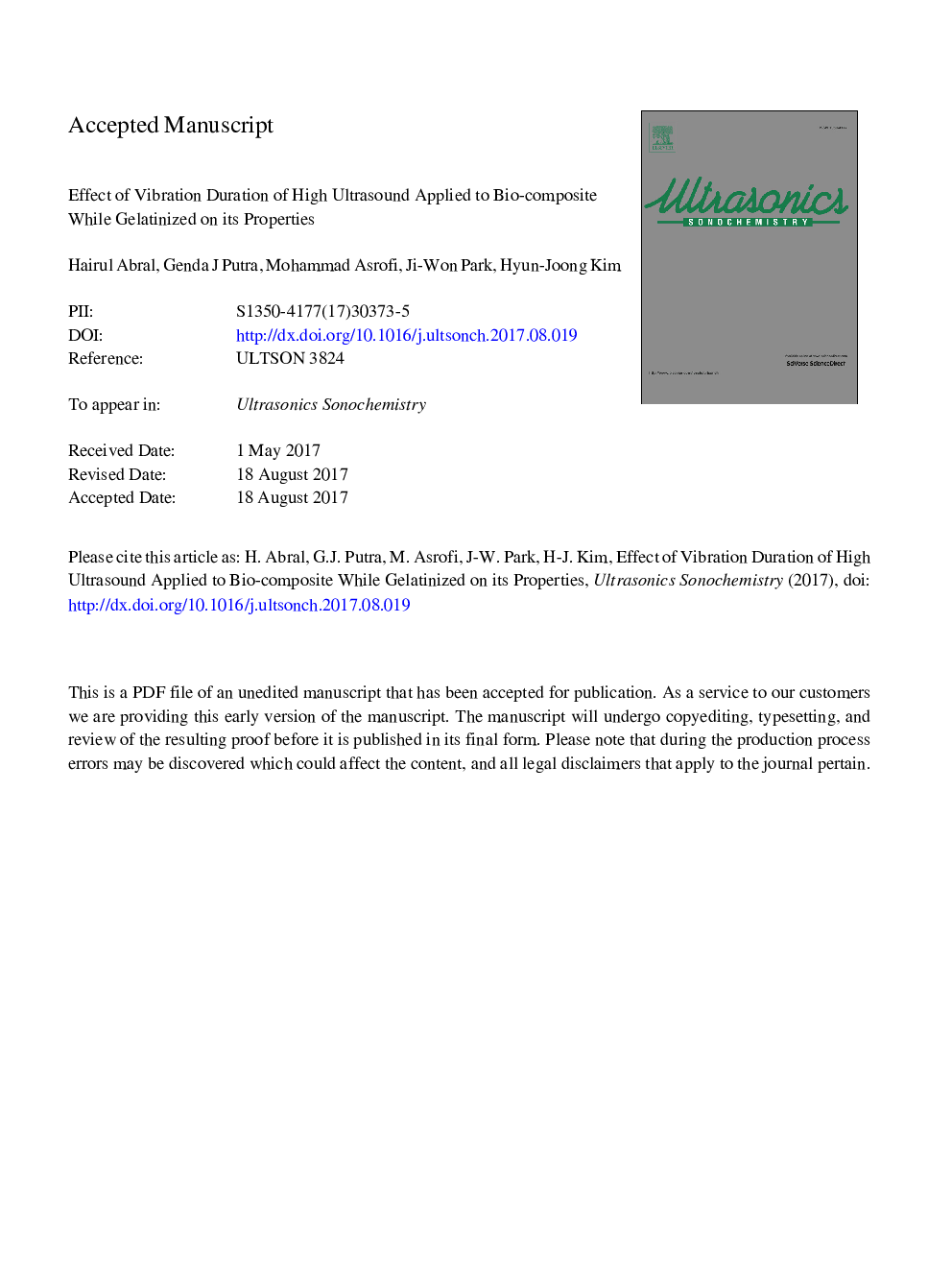 اثر طول ارتعاش اولتراسوند بالا اعمال شده به زیست کامپوزیت در حالی که ژلاتینی بر خواص آن است