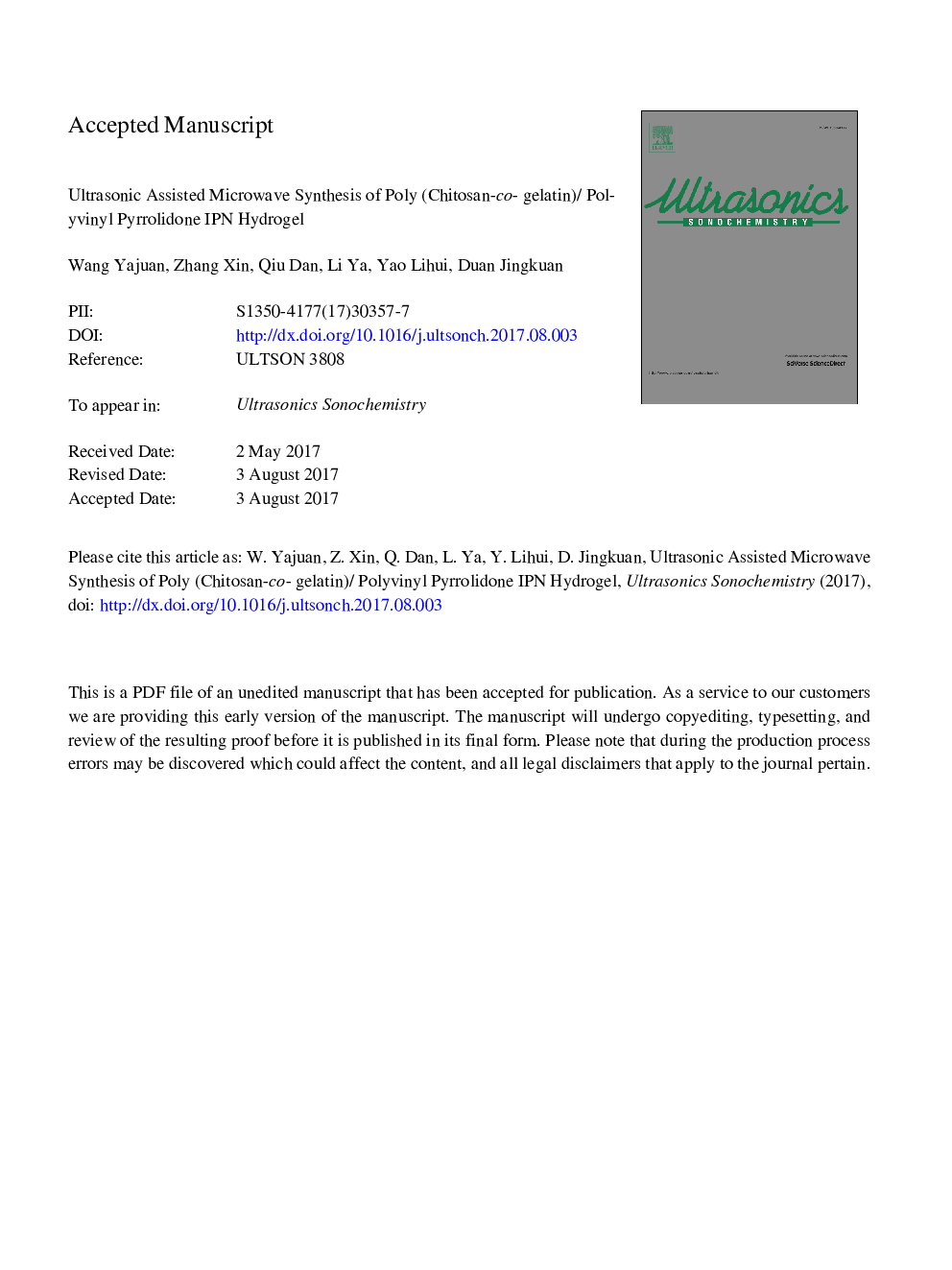 Ultrasonic assisted microwave synthesis of poly (Chitosan-co-gelatin)/polyvinyl pyrrolidone IPN hydrogel