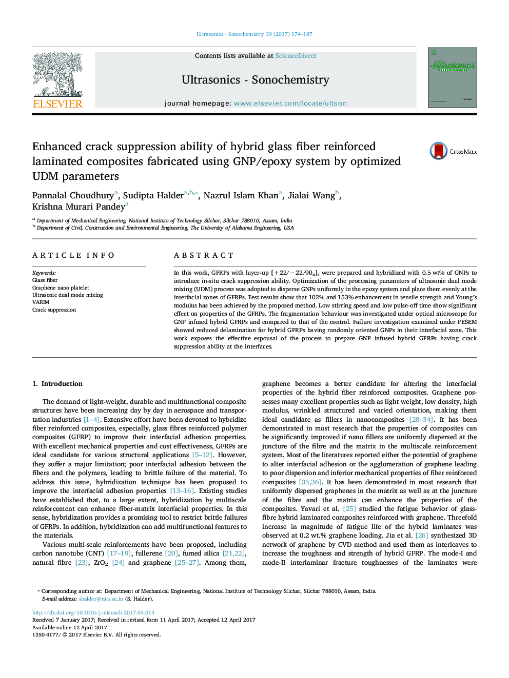 Enhanced crack suppression ability of hybrid glass fiber reinforced laminated composites fabricated using GNP/epoxy system by optimized UDM parameters
