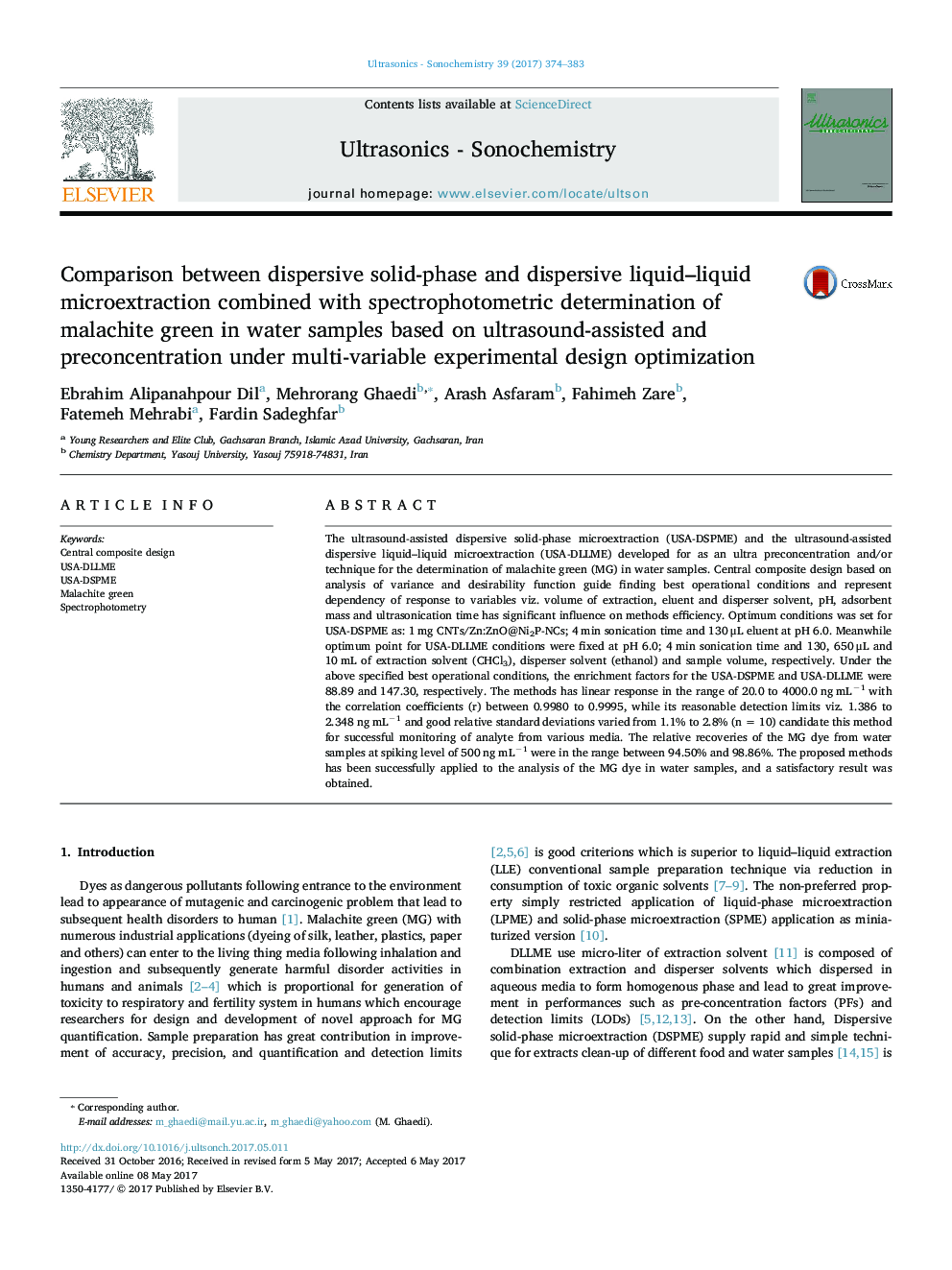 Comparison between dispersive solid-phase and dispersive liquid-liquid microextraction combined with spectrophotometric determination of malachite green in water samples based on ultrasound-assisted and preconcentration under multi-variable experimental d